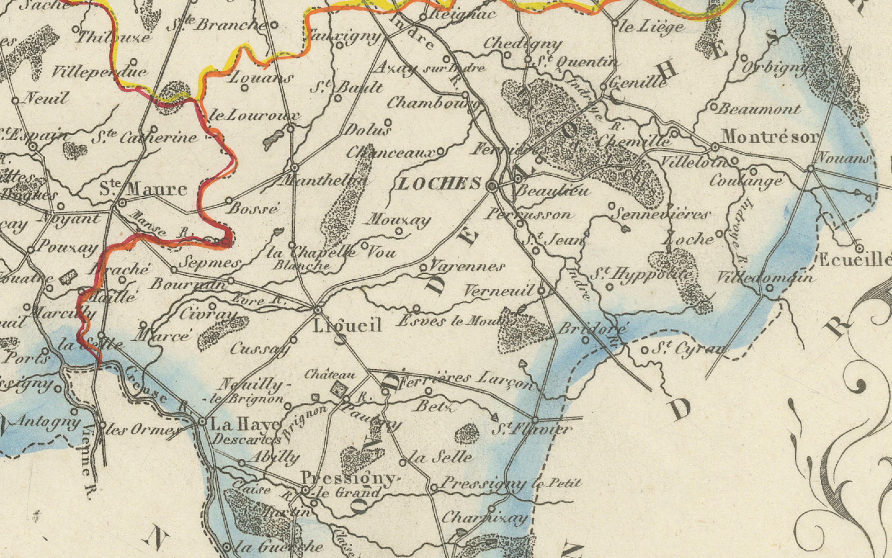 Français Antique French Map of Indre-et-Loire with Tours, Amboise, Chinon, 1800s en vente
