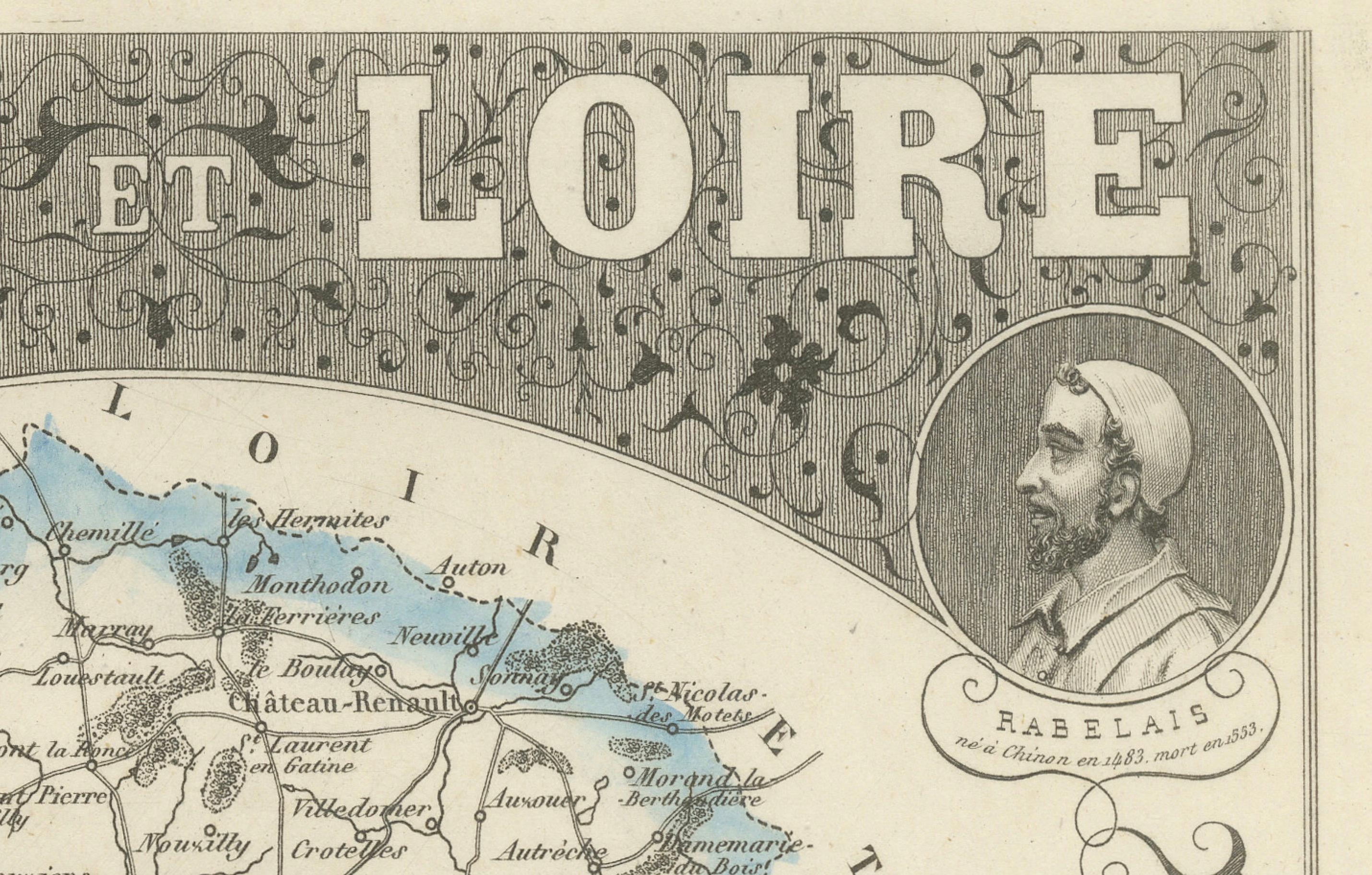 Gravé Antique French Map of Indre-et-Loire with Tours, Amboise, Chinon, 1800s en vente