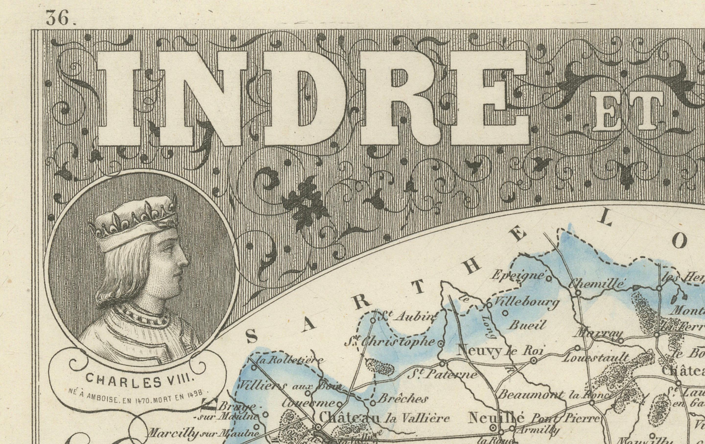 Antique French Map of Indre-et-Loire with Tours, Amboise, Chinon, 1800s Bon état - En vente à Langweer, NL