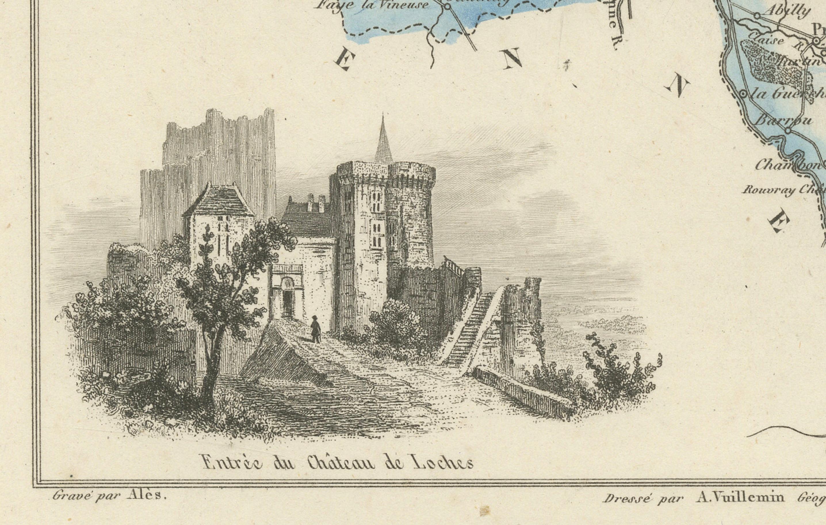 XIXe siècle Antique French Map of Indre-et-Loire with Tours, Amboise, Chinon, 1800s en vente