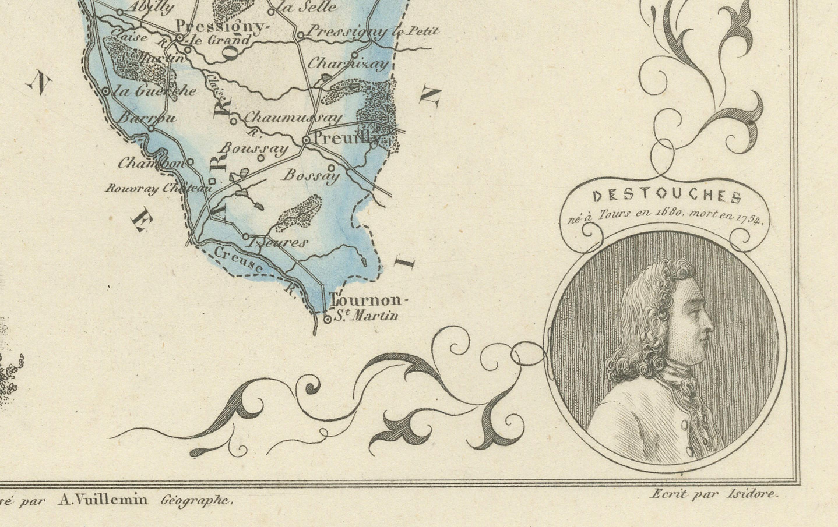 Papier Antique French Map of Indre-et-Loire with Tours, Amboise, Chinon, 1800s en vente