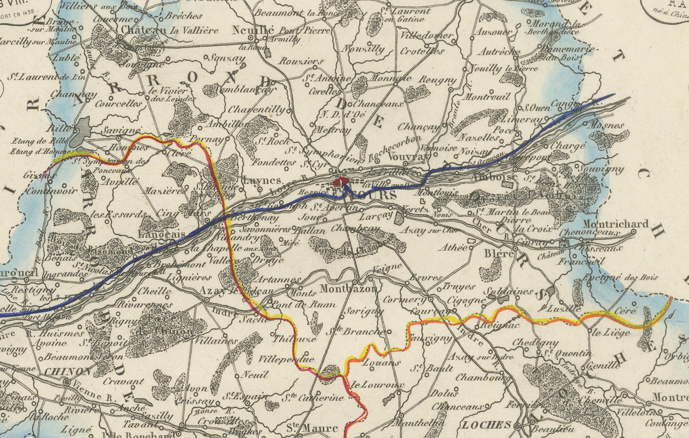 Antique French Map of Indre-et-Loire with Tours, Amboise, Chinon, 1800s en vente 1