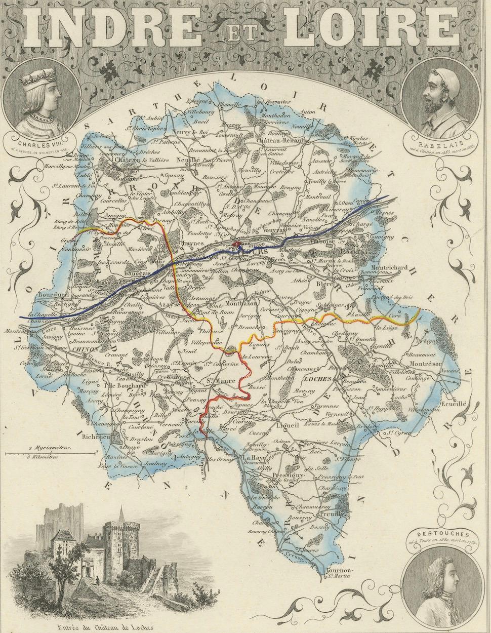 Antique French Map of Indre-et-Loire with Tours, Amboise, Chinon, 1800s en vente 2