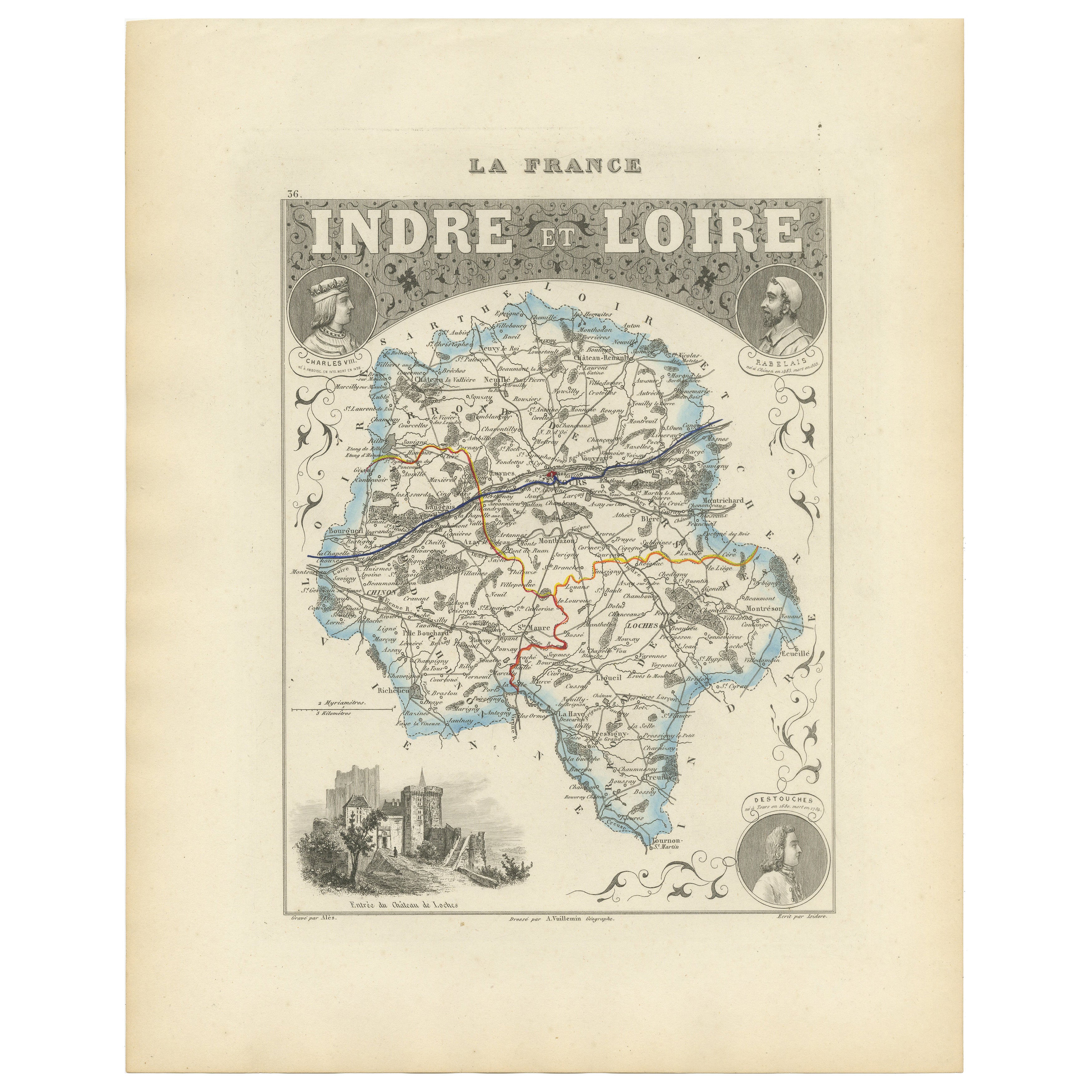 Antique French Map of Indre-et-Loire with Tours, Amboise, Chinon, 1800s