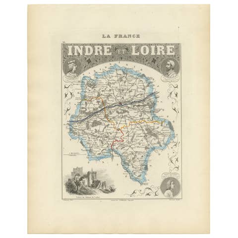 Antique French Map of Indre-et-Loire with Tours, Amboise, Chinon, 1800s