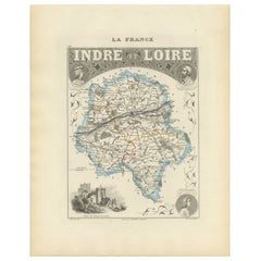 Antique French Map of Indre-et-Loire with Tours, Amboise, Chinon, 1800s