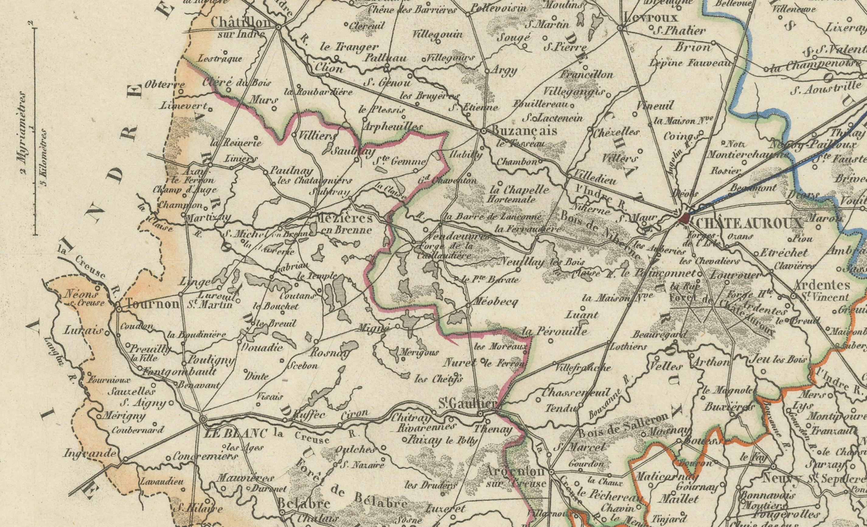 Mapa antiguo de Indre, Francia, por Vuillemin, siglo XIX

Este fino mapa decorativo presenta el departamento de Indre, situado en la región Centro-Val de Loira, en el centro de Francia. Grabado por Alexandre Vuillemin a mediados del siglo XIX, forma