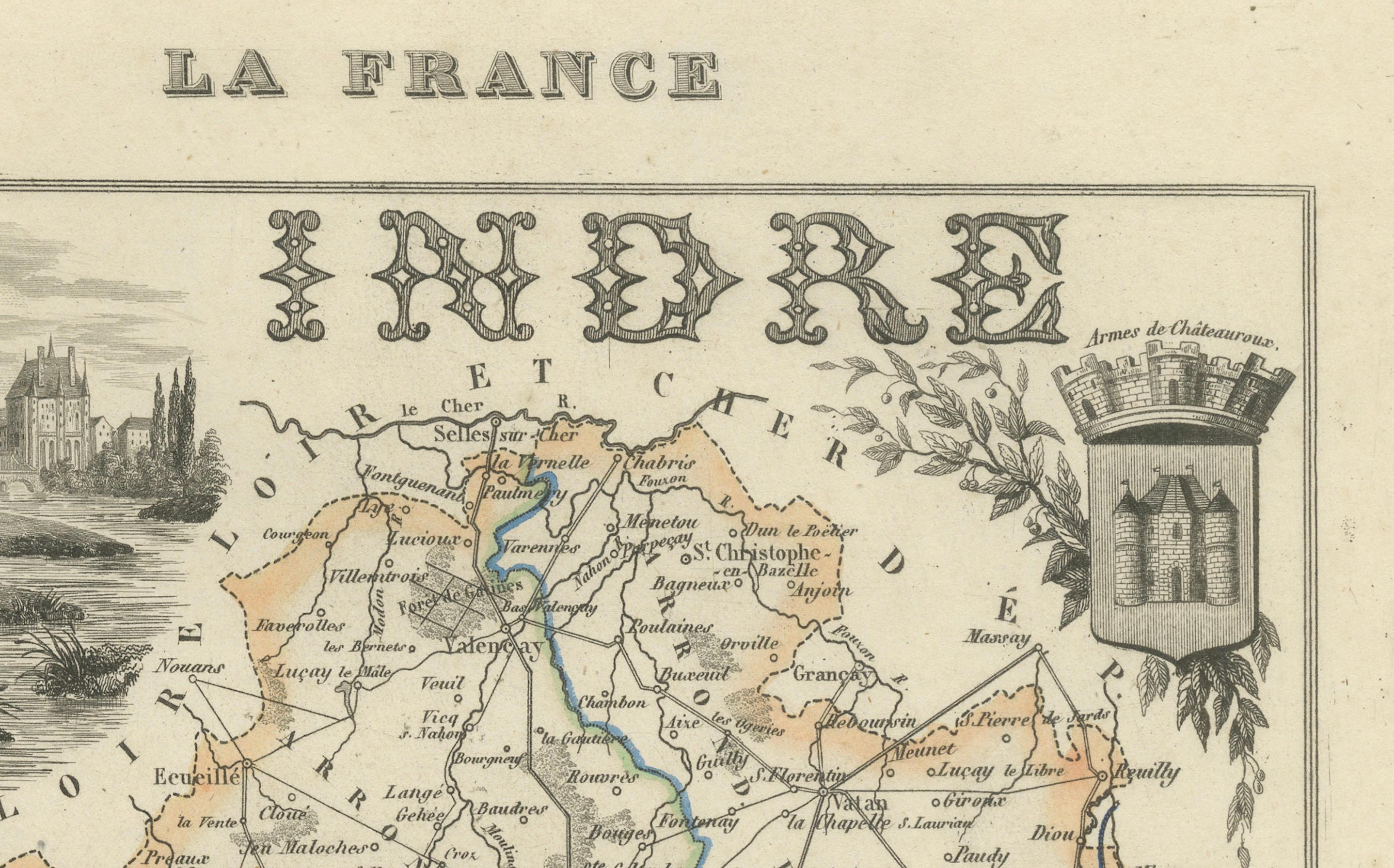 Antique French Map of Indre Region with Châteauroux and Issoudun, 1800s Francés en venta