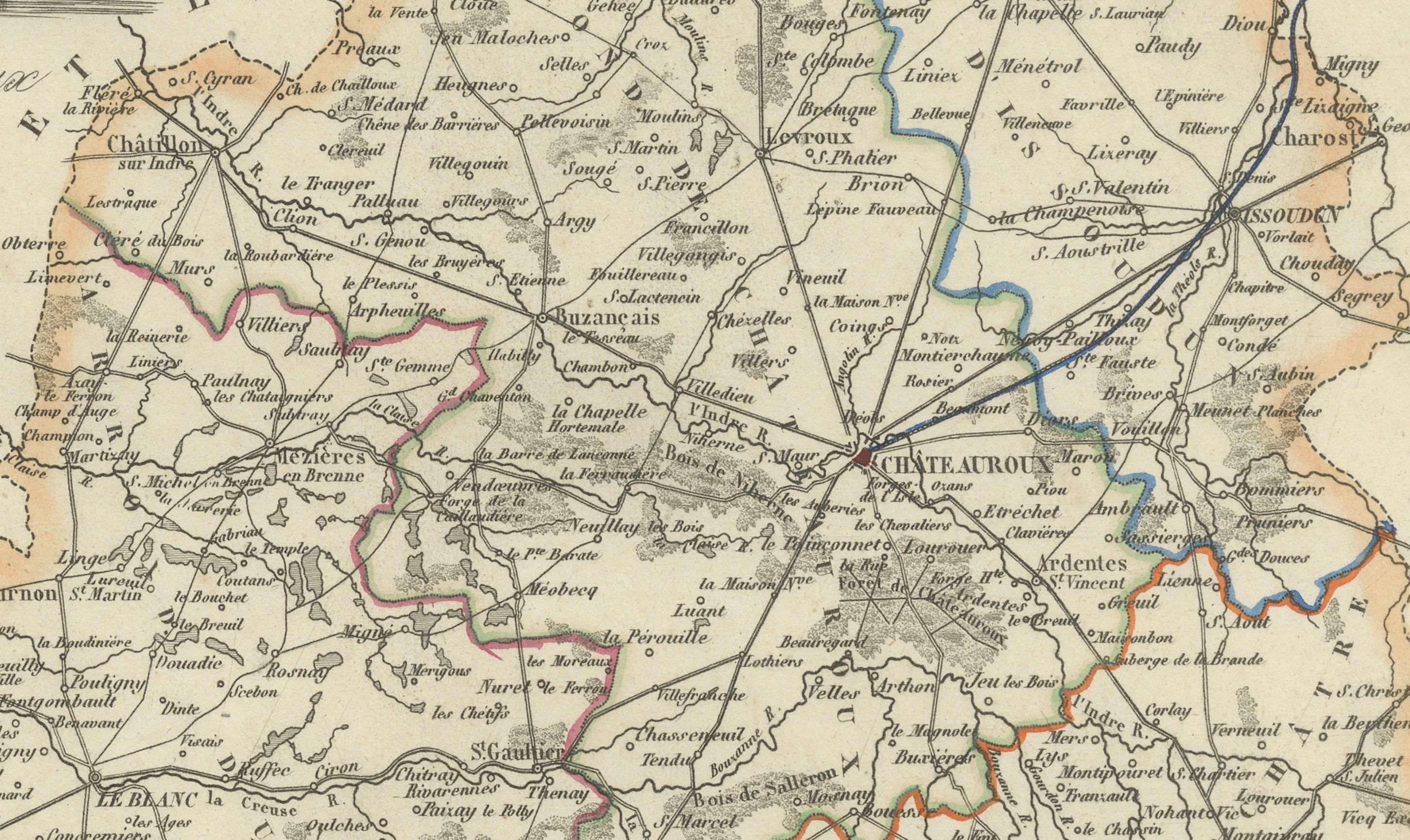 Antique French Map of Indre Region with Châteauroux and Issoudun, 1800s Grabado en venta