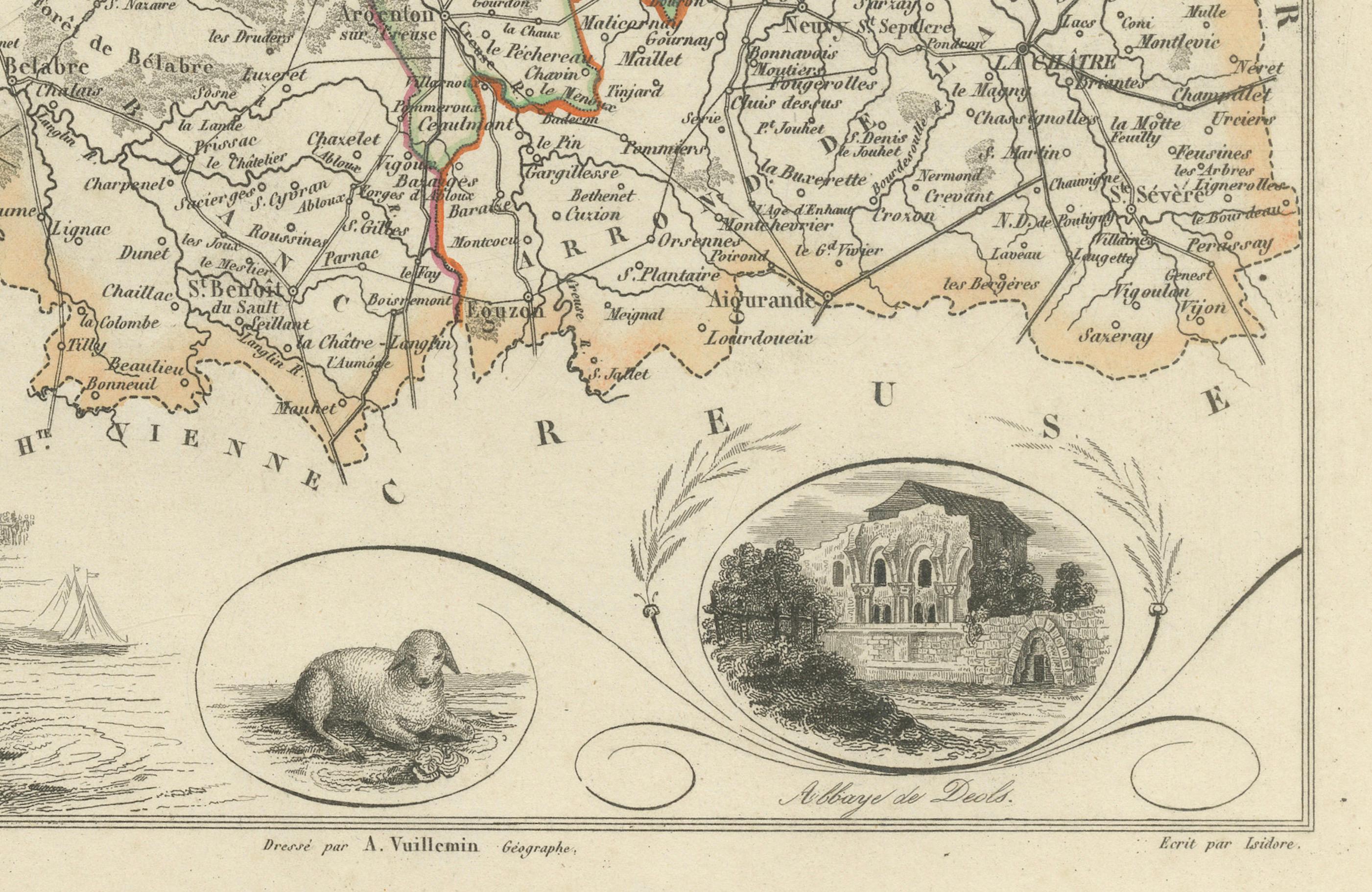 Antique French Map of Indre Region with Châteauroux and Issoudun, 1800s en Bueno estado para la venta en Langweer, NL