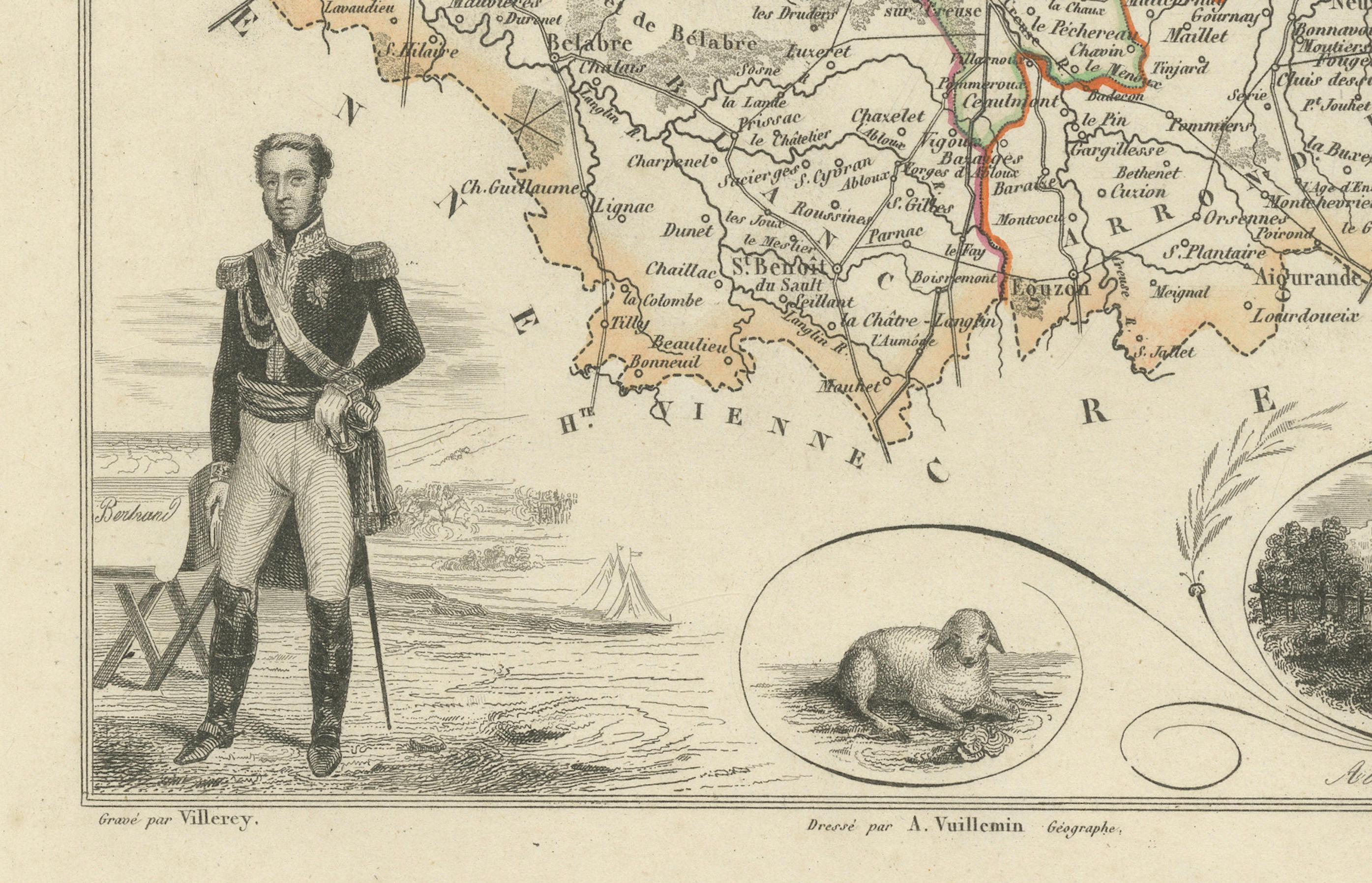 Antique French Map of Indre Region with Châteauroux and Issoudun, 1800s siglo XIX en venta