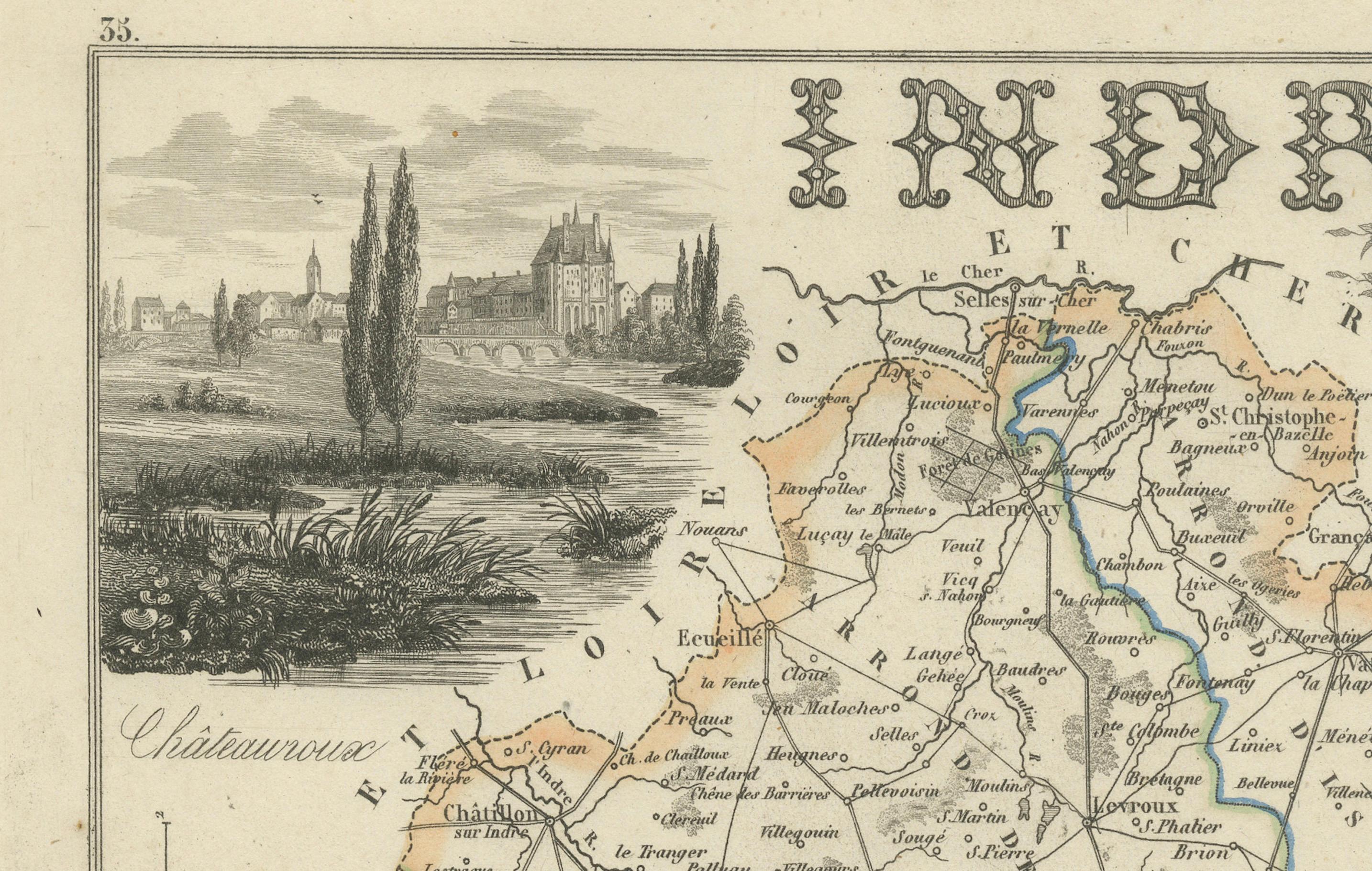 Antique French Map of Indre Region with Châteauroux and Issoudun, 1800s Papel en venta