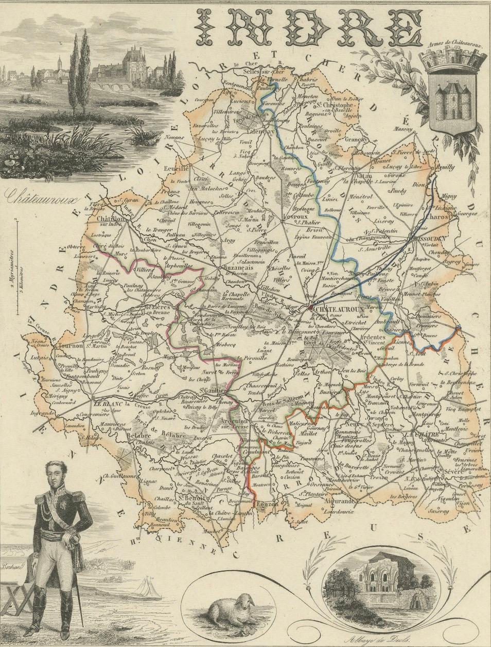 Antique French Map of Indre Region with Châteauroux and Issoudun, 1800s en venta 1