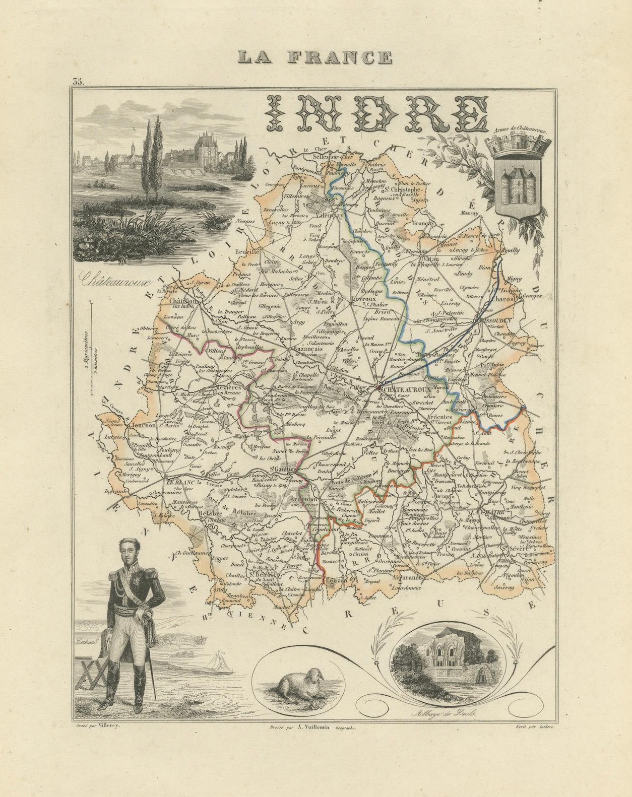Antique French Map of Indre Region with Châteauroux and Issoudun, 1800s en venta 2
