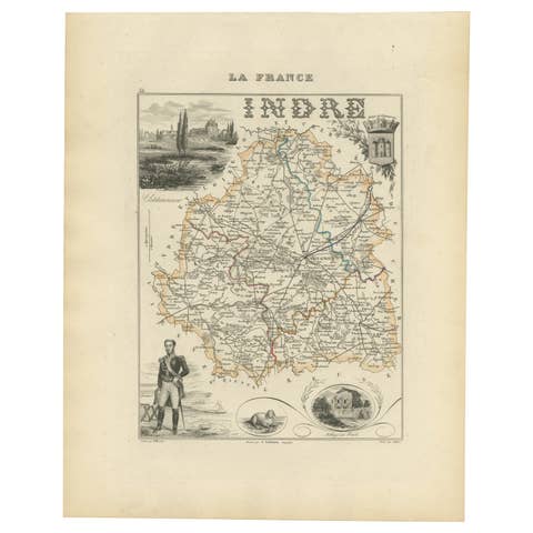 Antique French Map of Indre Region with Châteauroux and Issoudun, 1800s