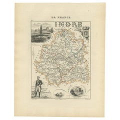 Antique French Map of Indre Region with Châteauroux and Issoudun, 1800s