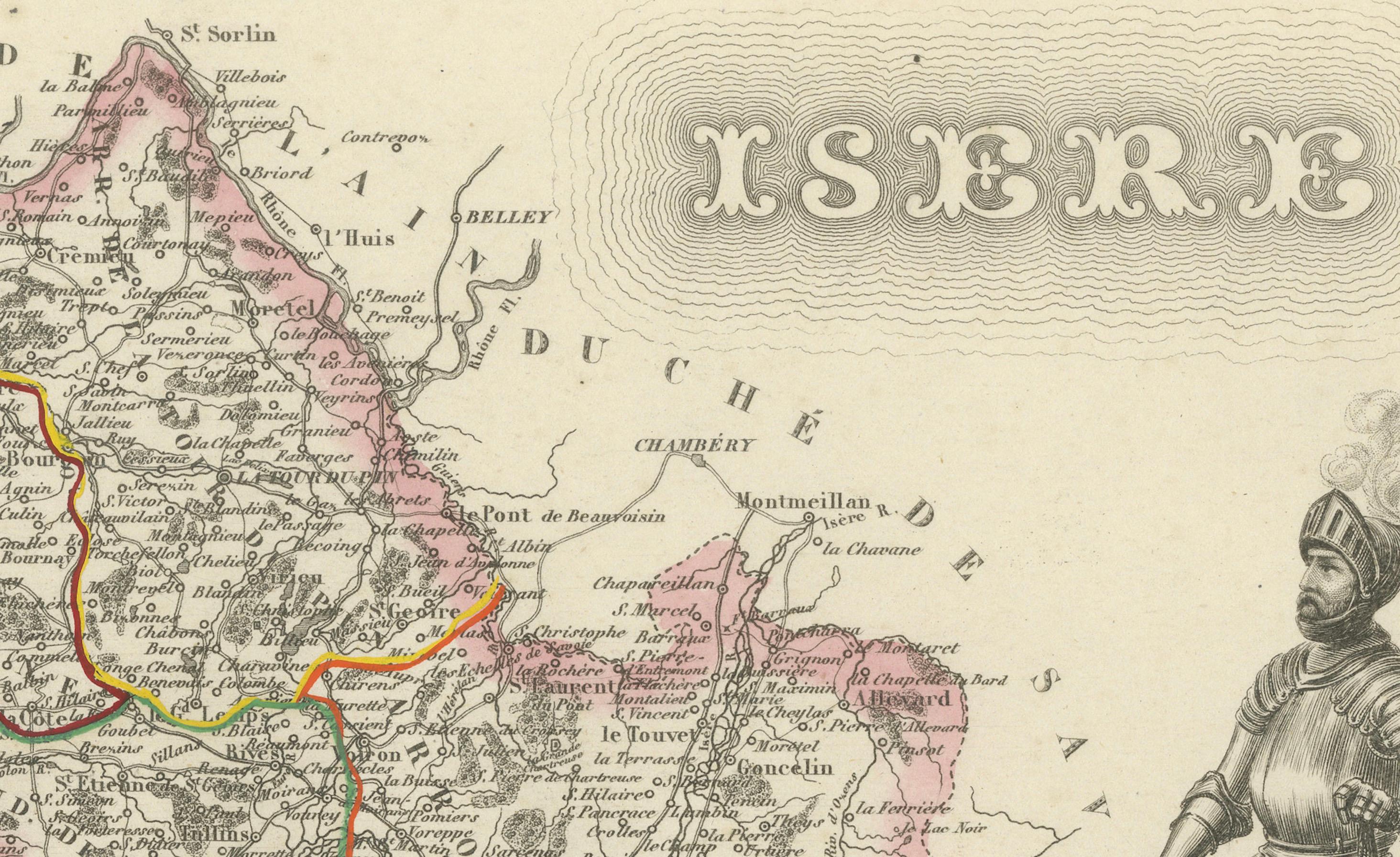 Antique Map of Isère, France by Vuillemin, 19th Century

This decorative 19th-century map presents the département of Isère in southeastern France, engraved by Alexandre Vuillemin. Centered on Grenoble, the map outlines towns, rivers, and transport
