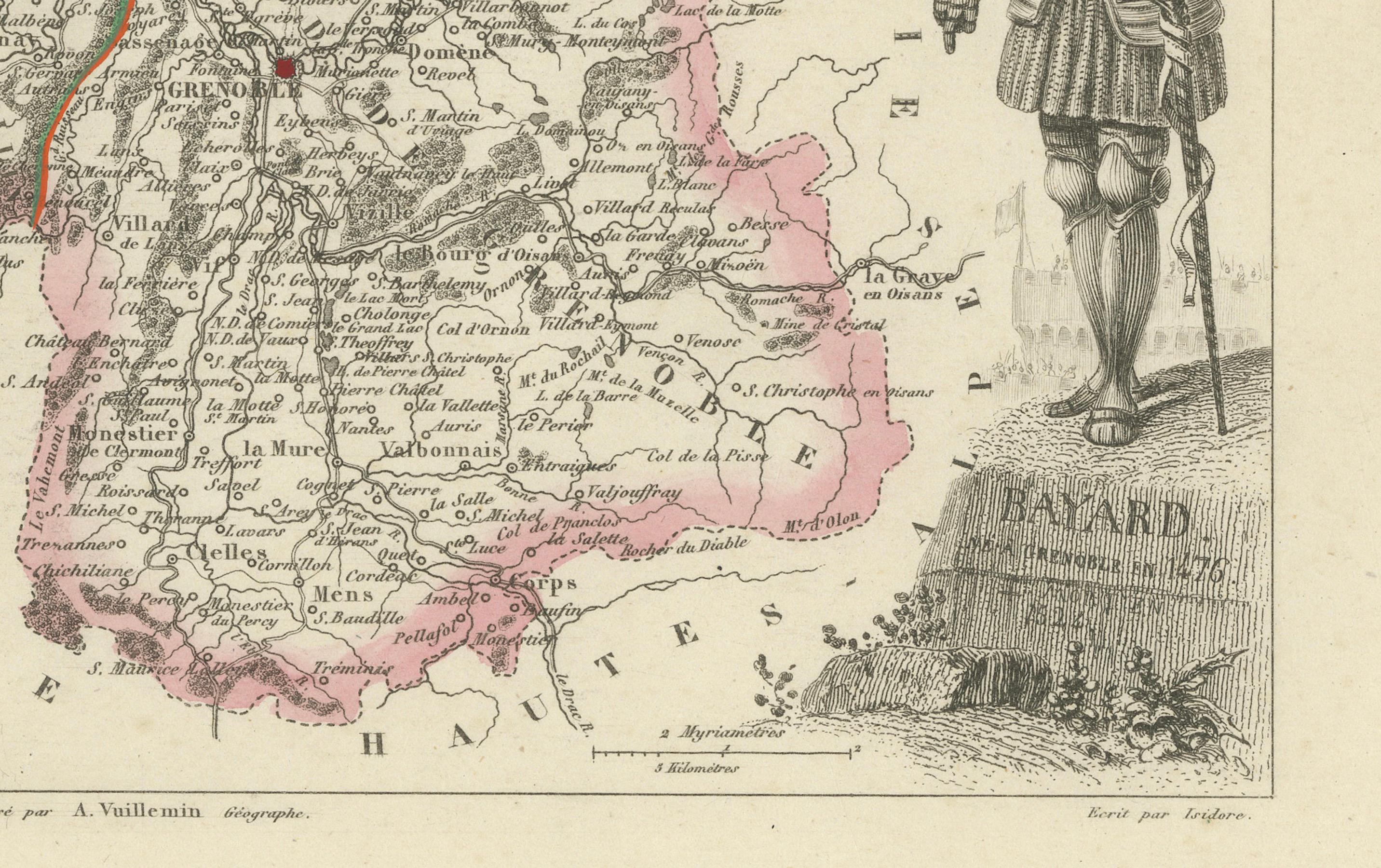 Antique French Map of Isère Region with Grenoble, Vienne, Dauphiné, 1800s en Bueno estado para la venta en Langweer, NL