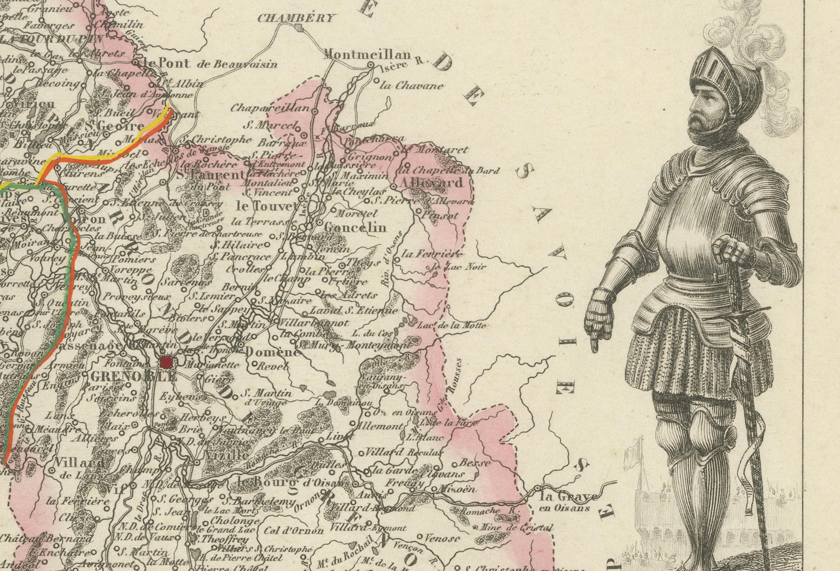 Antique French Map of Isère Region with Grenoble, Vienne, Dauphiné, 1800s siglo XIX en venta