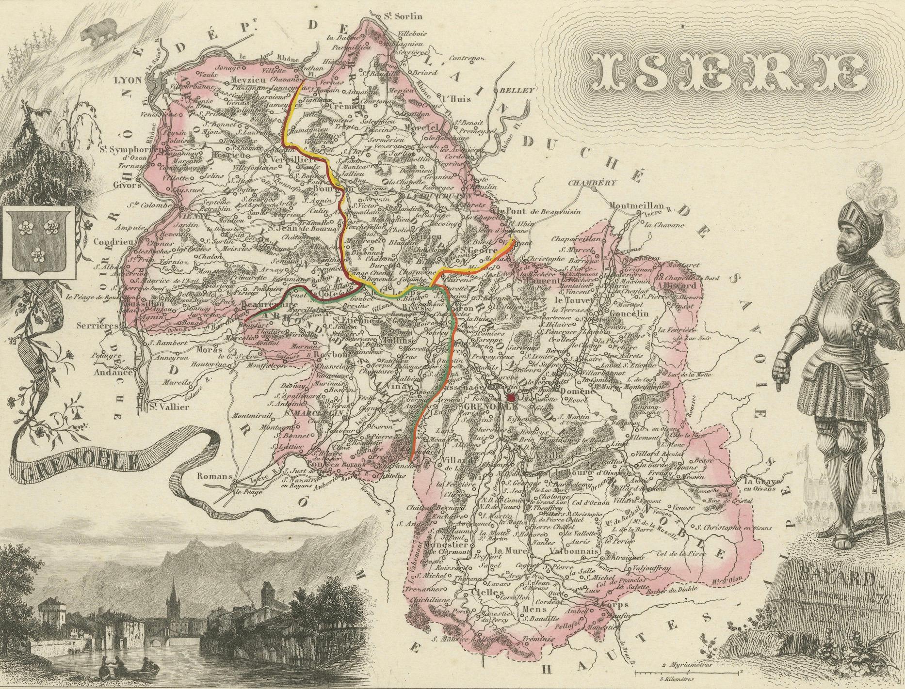Antique French Map of Isère Region with Grenoble, Vienne, Dauphiné, 1800s Papel en venta