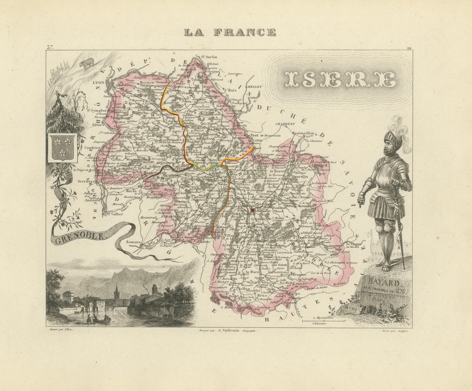 Antique French Map of Isère Region with Grenoble, Vienne, Dauphiné, 1800s en venta 1