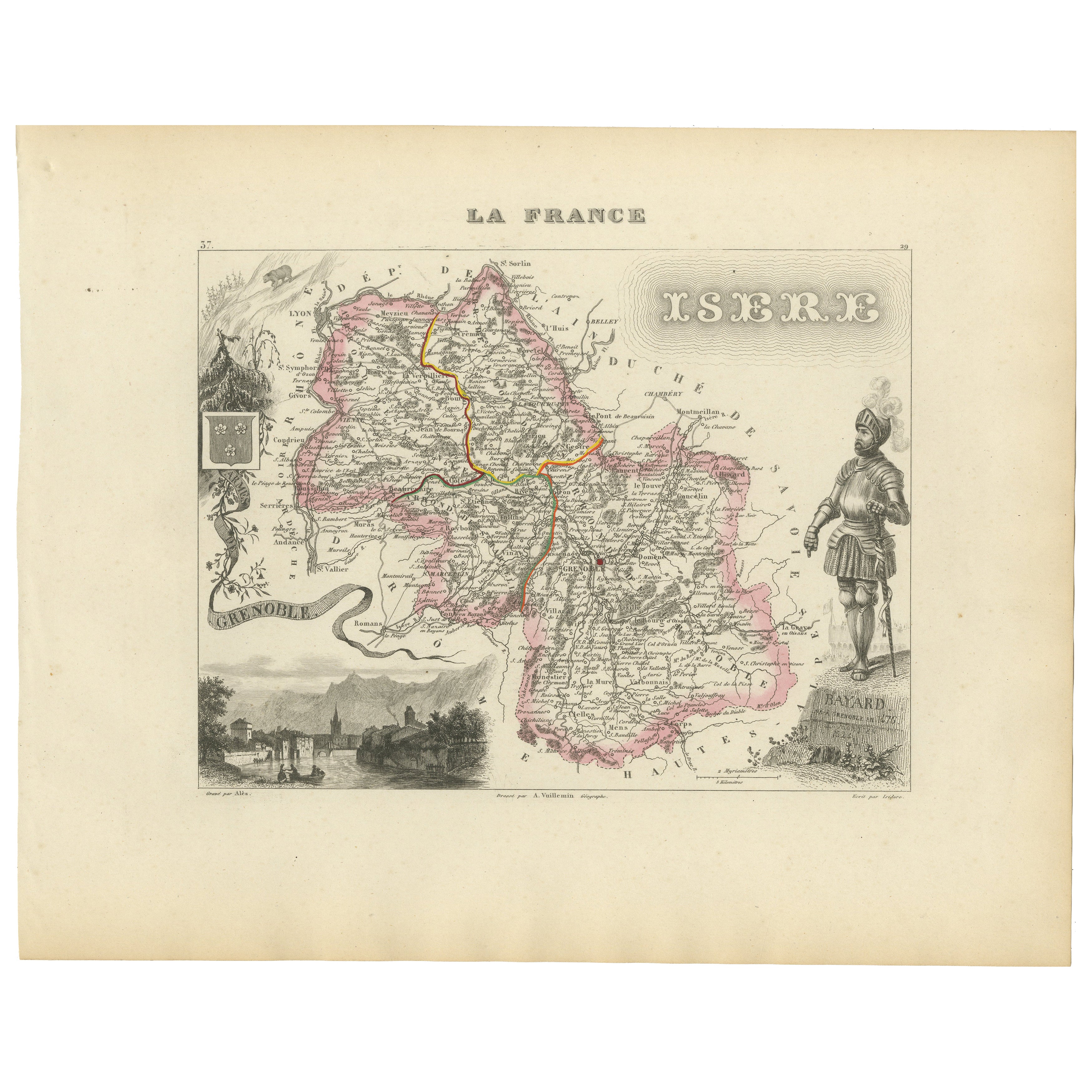Antique French Map of Isère Region with Grenoble, Vienne, Dauphiné, 1800s