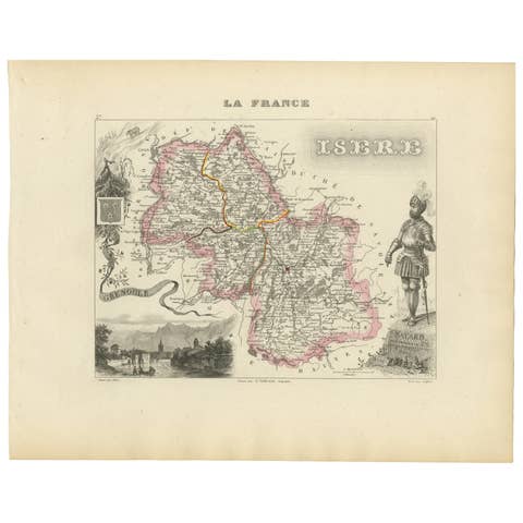 Antique French Map of Isère Region with Grenoble, Vienne, Dauphiné, 1800s