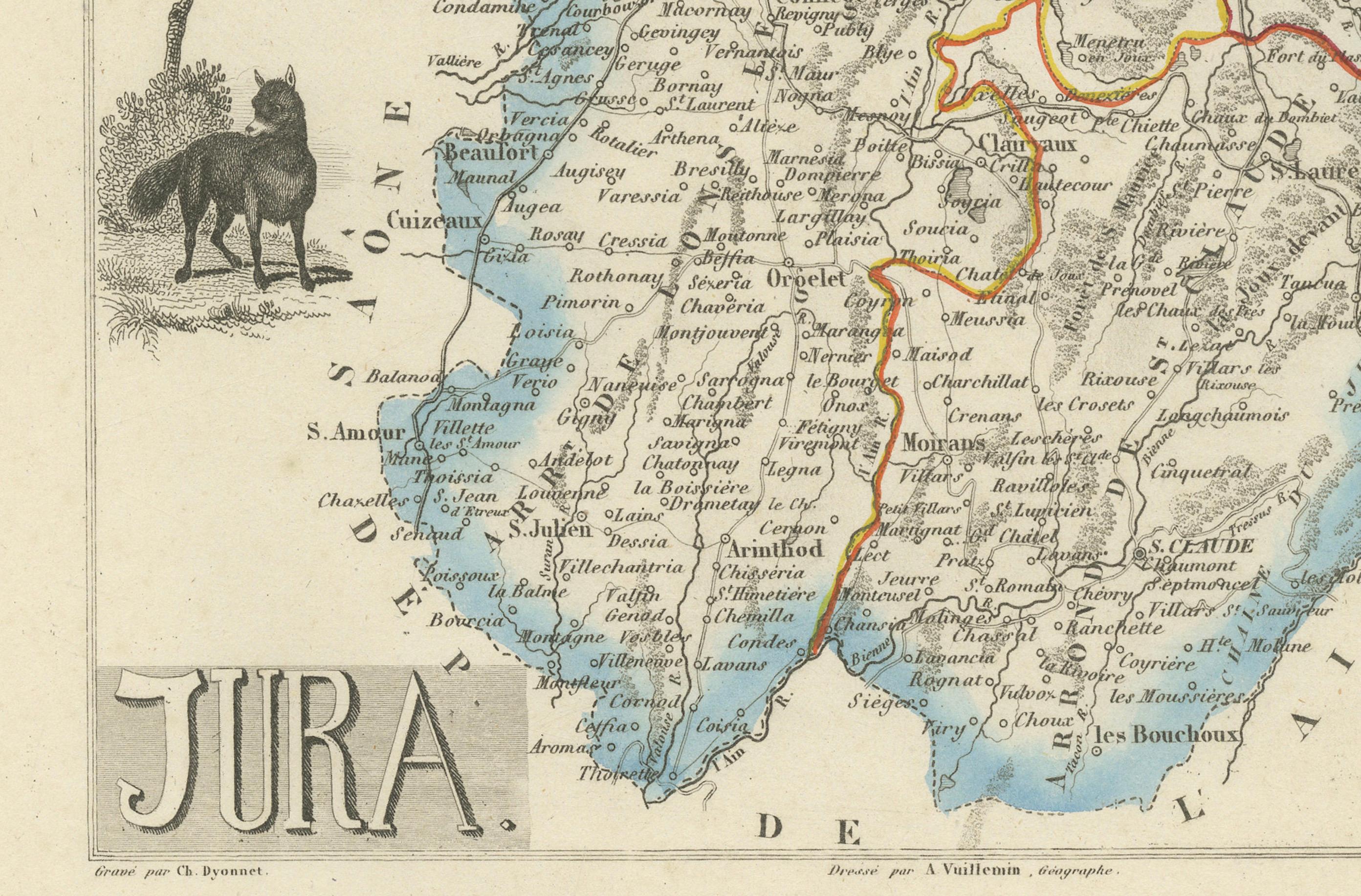 Antique French Map of Jura Region with Lons-le-Saunier, Dole, 1800s Francés en venta