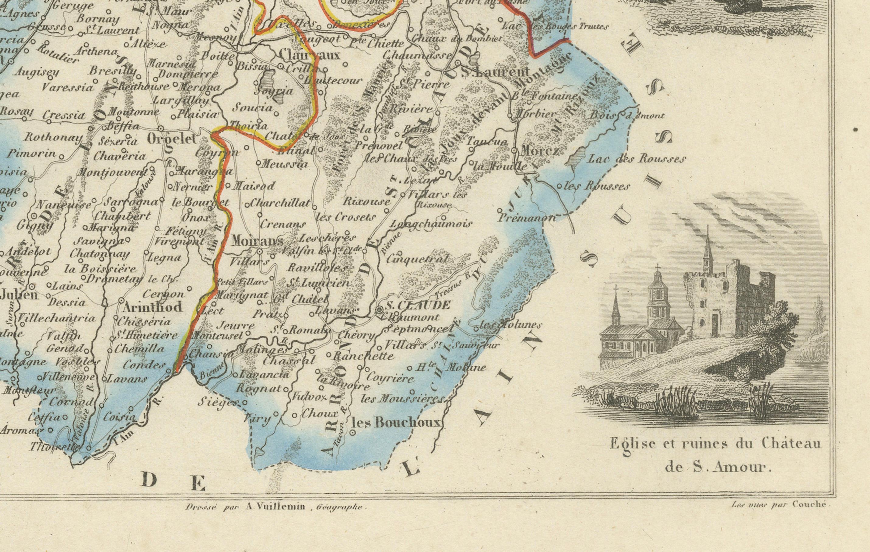 Antique French Map of Jura Region with Lons-le-Saunier, Dole, 1800s Grabado en venta
