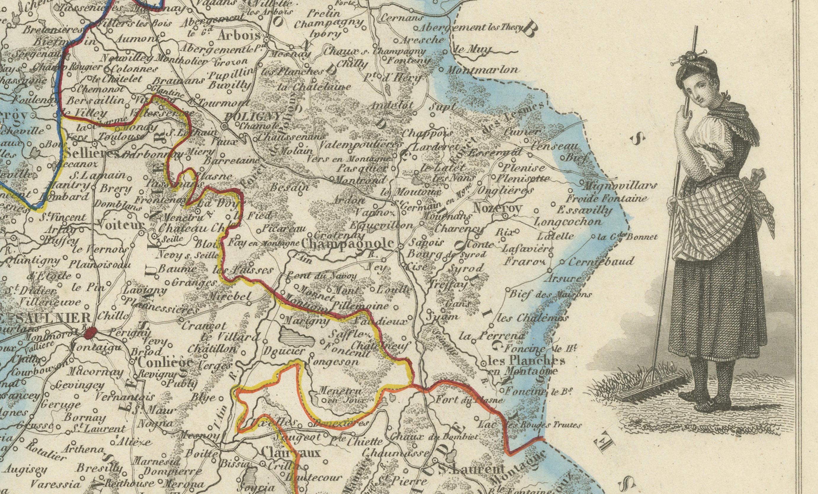 Antique French Map of Jura Region with Lons-le-Saunier, Dole, 1800s en Bueno estado para la venta en Langweer, NL