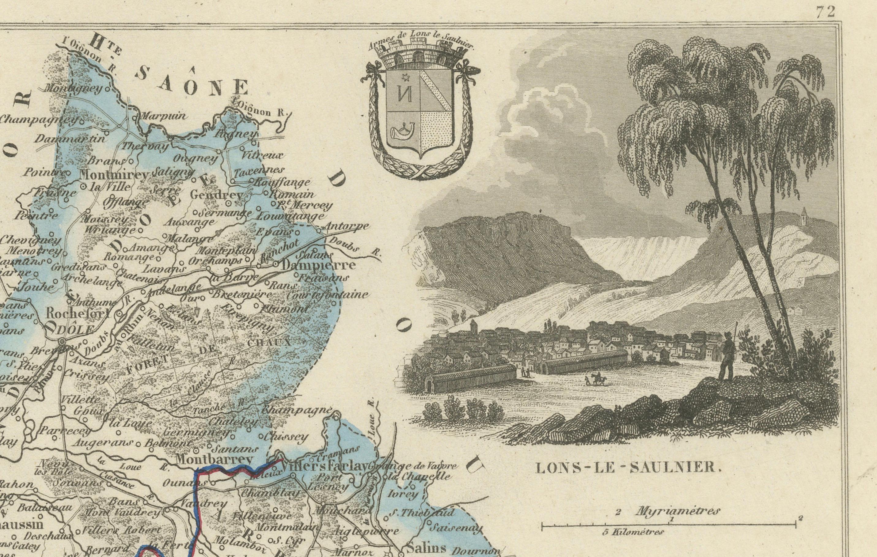 Antique French Map of Jura Region with Lons-le-Saunier, Dole, 1800s siglo XIX en venta