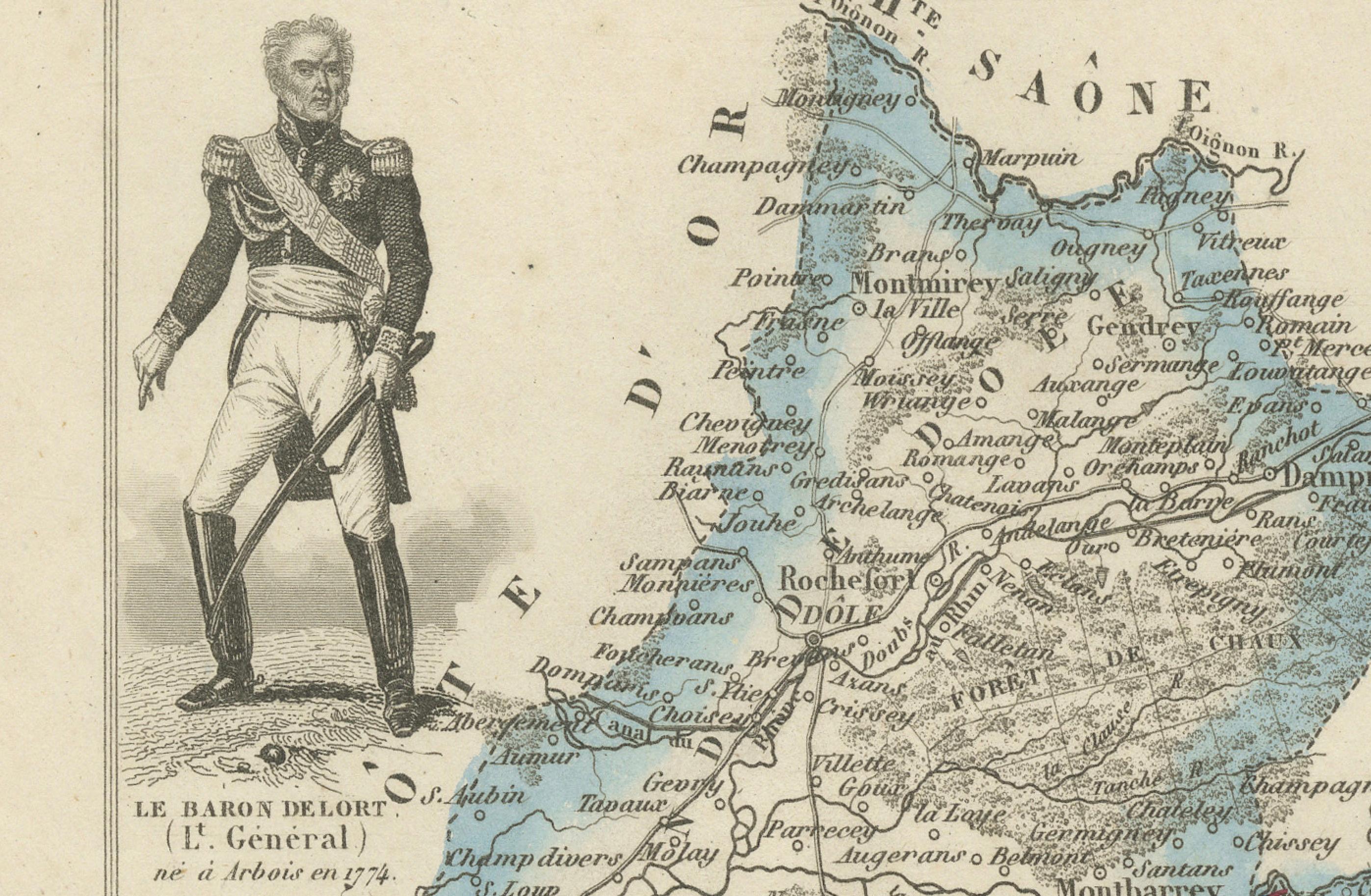 Antique French Map of Jura Region with Lons-le-Saunier, Dole, 1800s Papel en venta