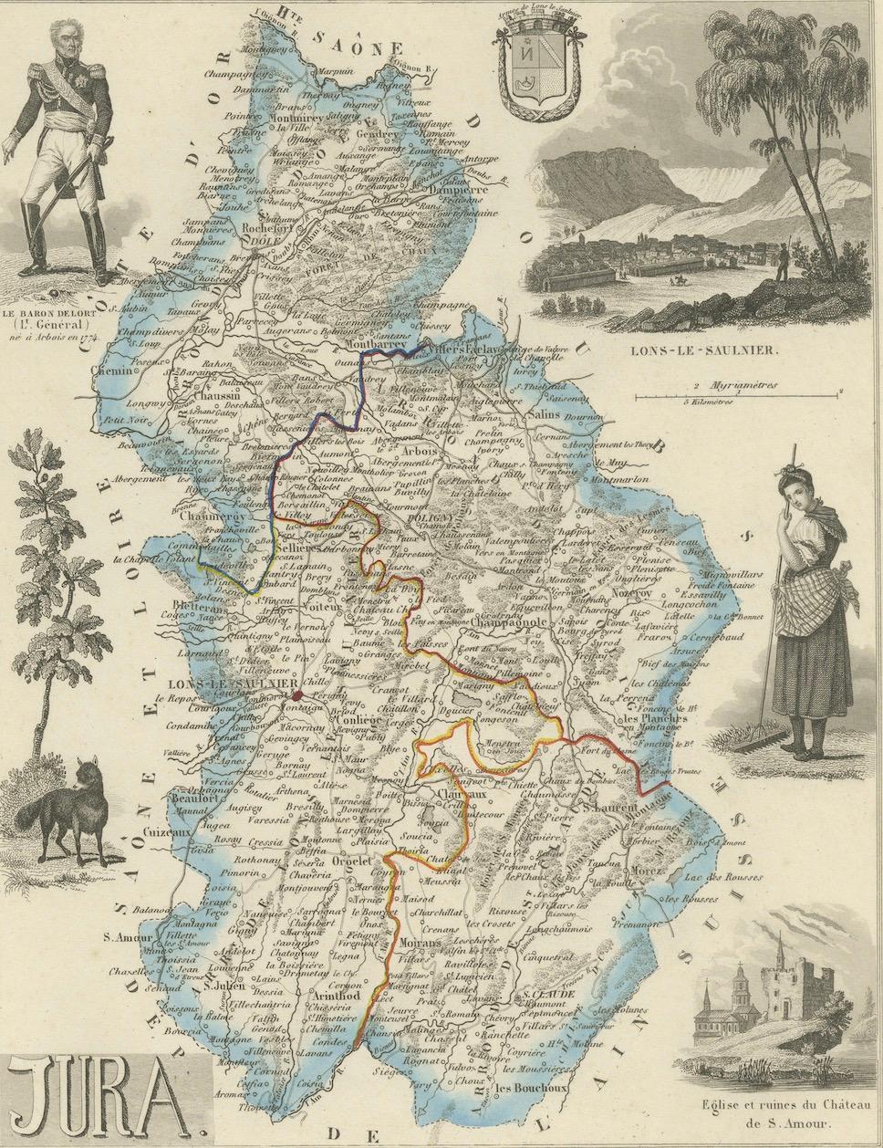 Antique French Map of Jura Region with Lons-le-Saunier, Dole, 1800s en venta 1