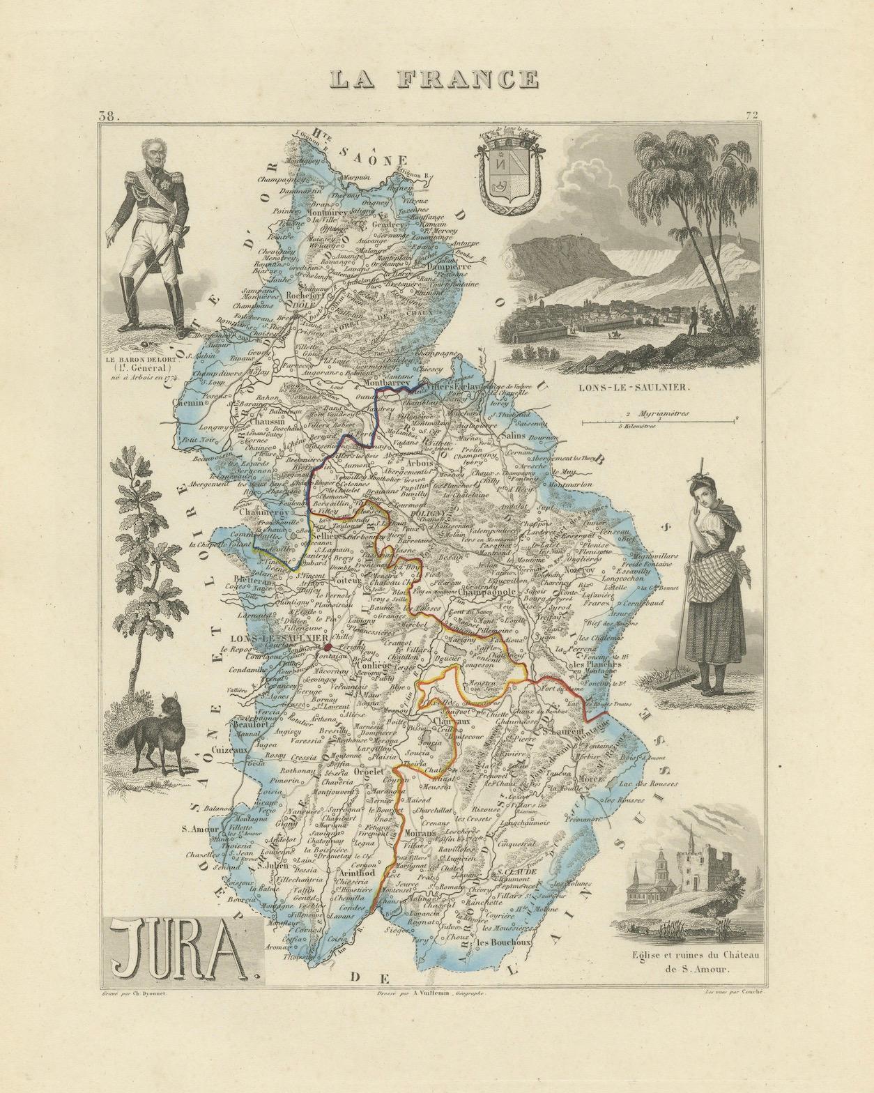 Antique French Map of Jura Region with Lons-le-Saunier, Dole, 1800s en venta 2