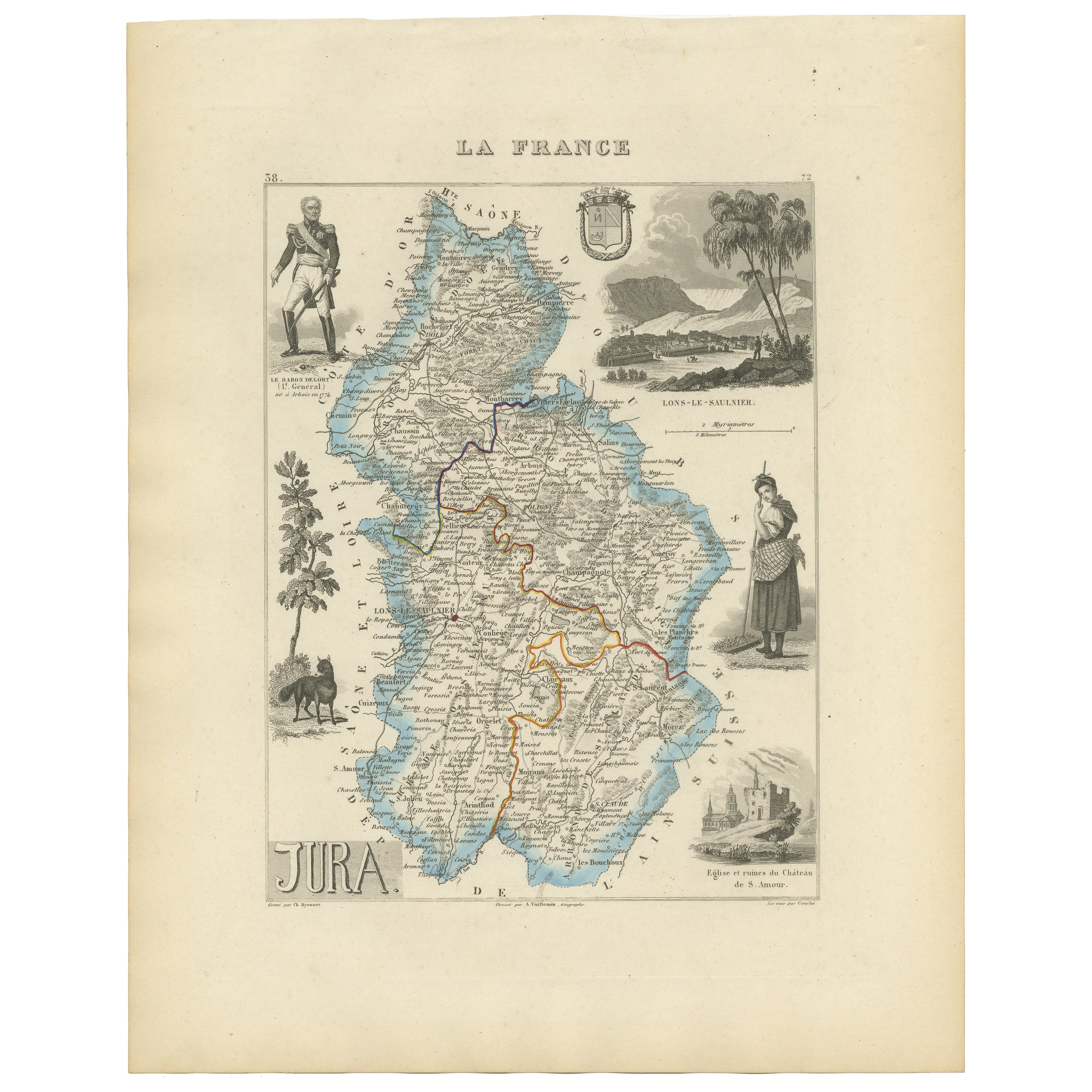 Antique French Map of Jura Region with Lons-le-Saunier, Dole, 1800s