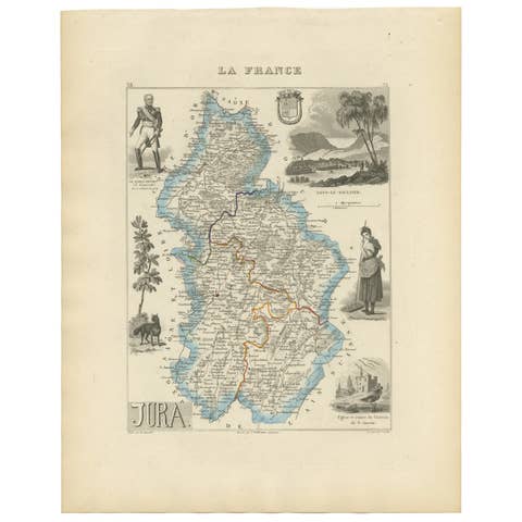 Antique French Map of Jura Region with Lons-le-Saunier, Dole, 1800s