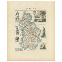 Antique French Map of Jura Region with Lons-le-Saunier, Dole, 1800s