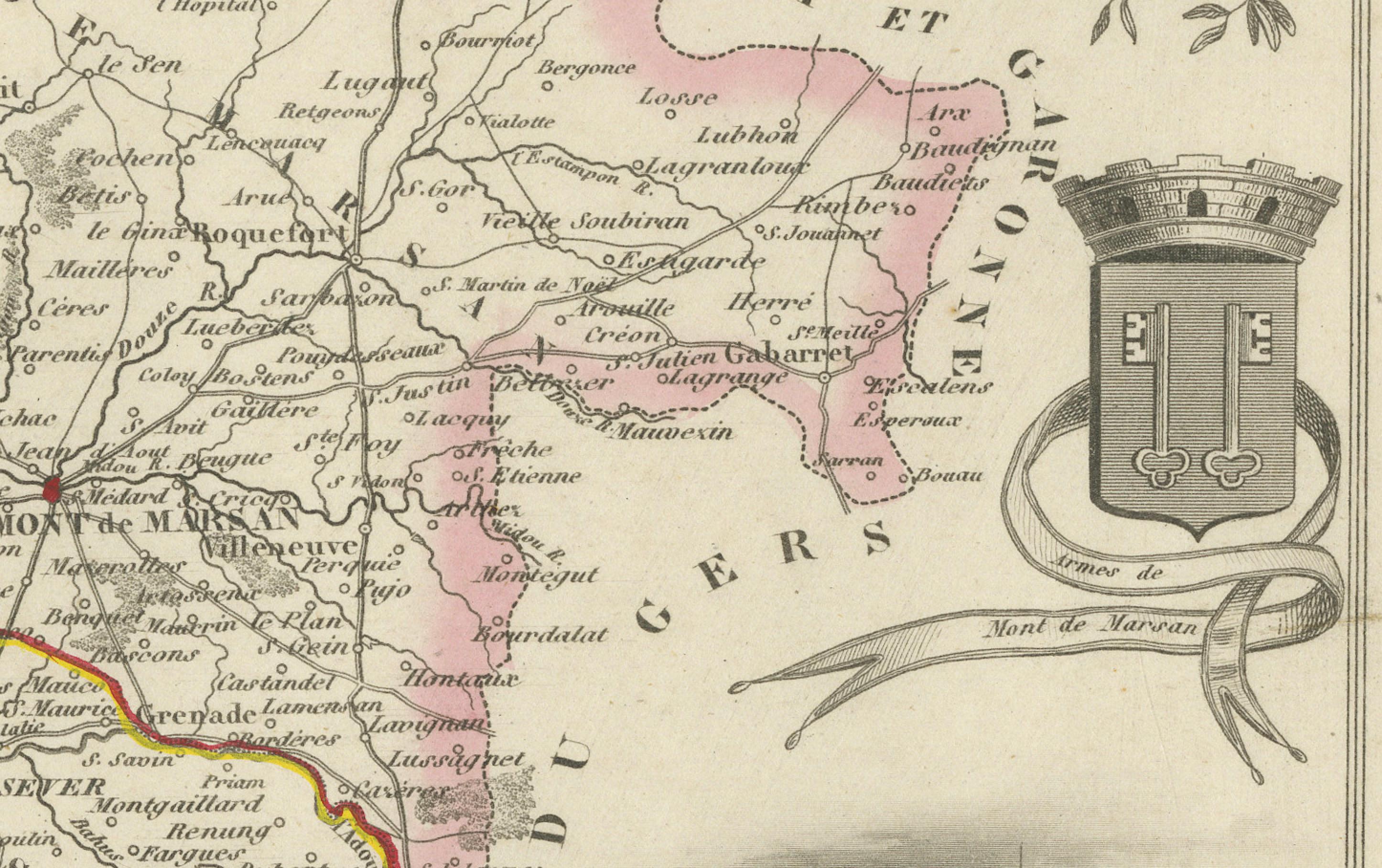Carte ancienne des Landes, France par Vuillemin, 19ème siècle

Cette belle carte gravée du 19e siècle représente le département des Landes dans le sud-ouest de la France, gravée par Alexandre Vuillemin. La carte montre les villes, les rivières et