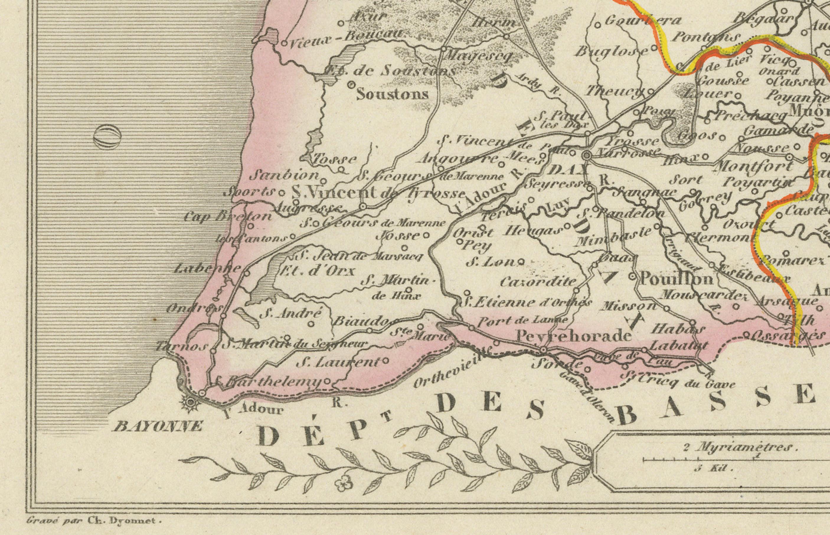 Gravé Antique French Map of Lande Region with Mont-de-Marsan, Dax, Bayonne, 1800s en vente