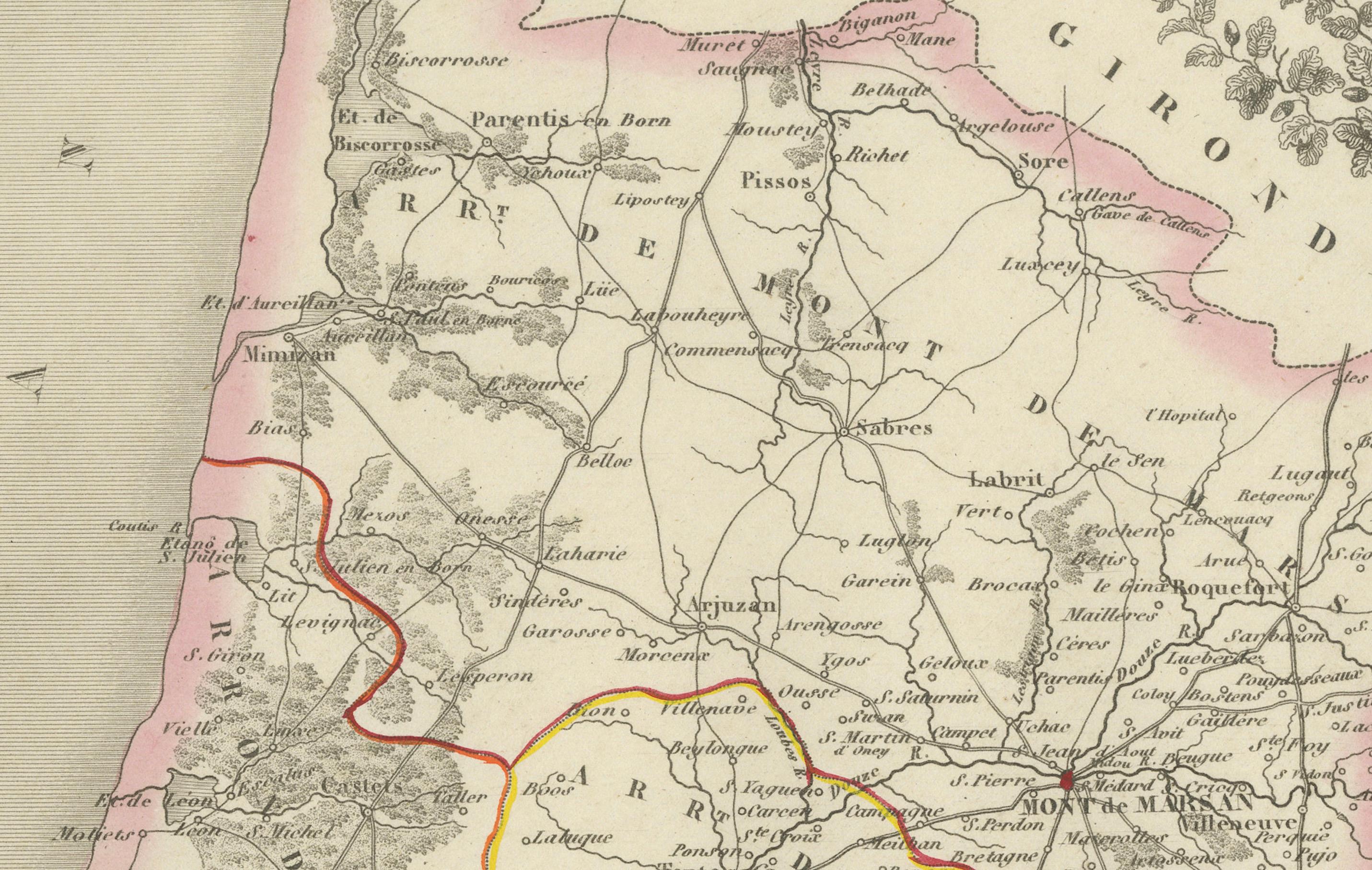 Antique French Map of Lande Region with Mont-de-Marsan, Dax, Bayonne, 1800s Bon état - En vente à Langweer, NL