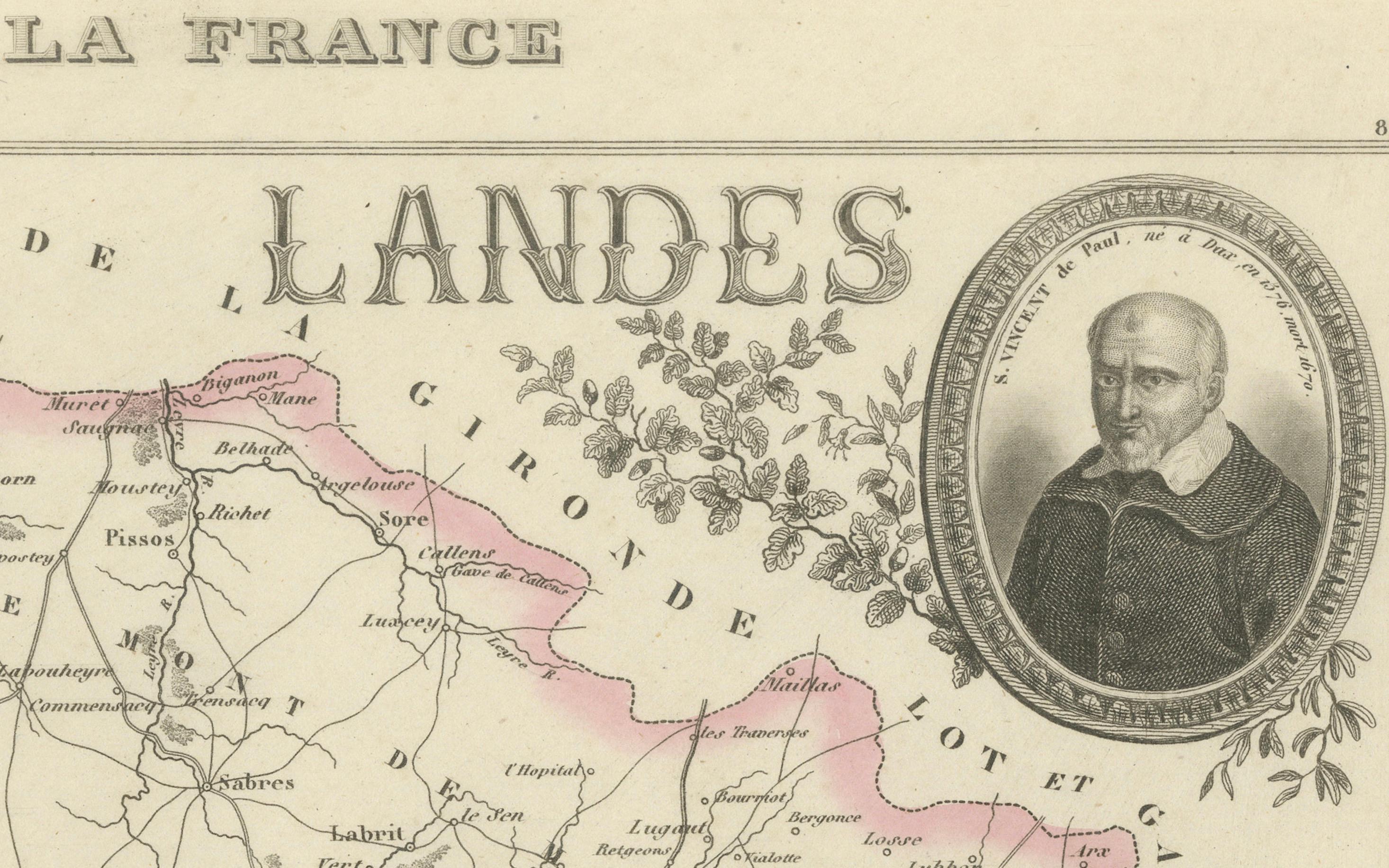 XIXe siècle Antique French Map of Lande Region with Mont-de-Marsan, Dax, Bayonne, 1800s en vente