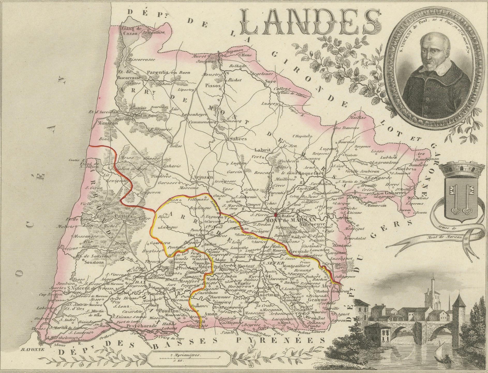 Papier Antique French Map of Lande Region with Mont-de-Marsan, Dax, Bayonne, 1800s en vente