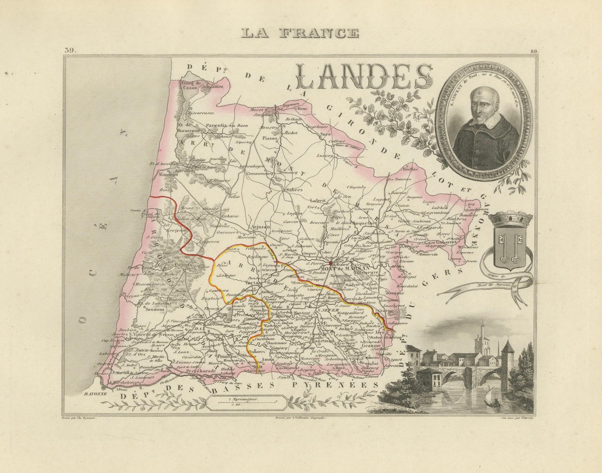Antique French Map of Lande Region with Mont-de-Marsan, Dax, Bayonne, 1800s en vente 1