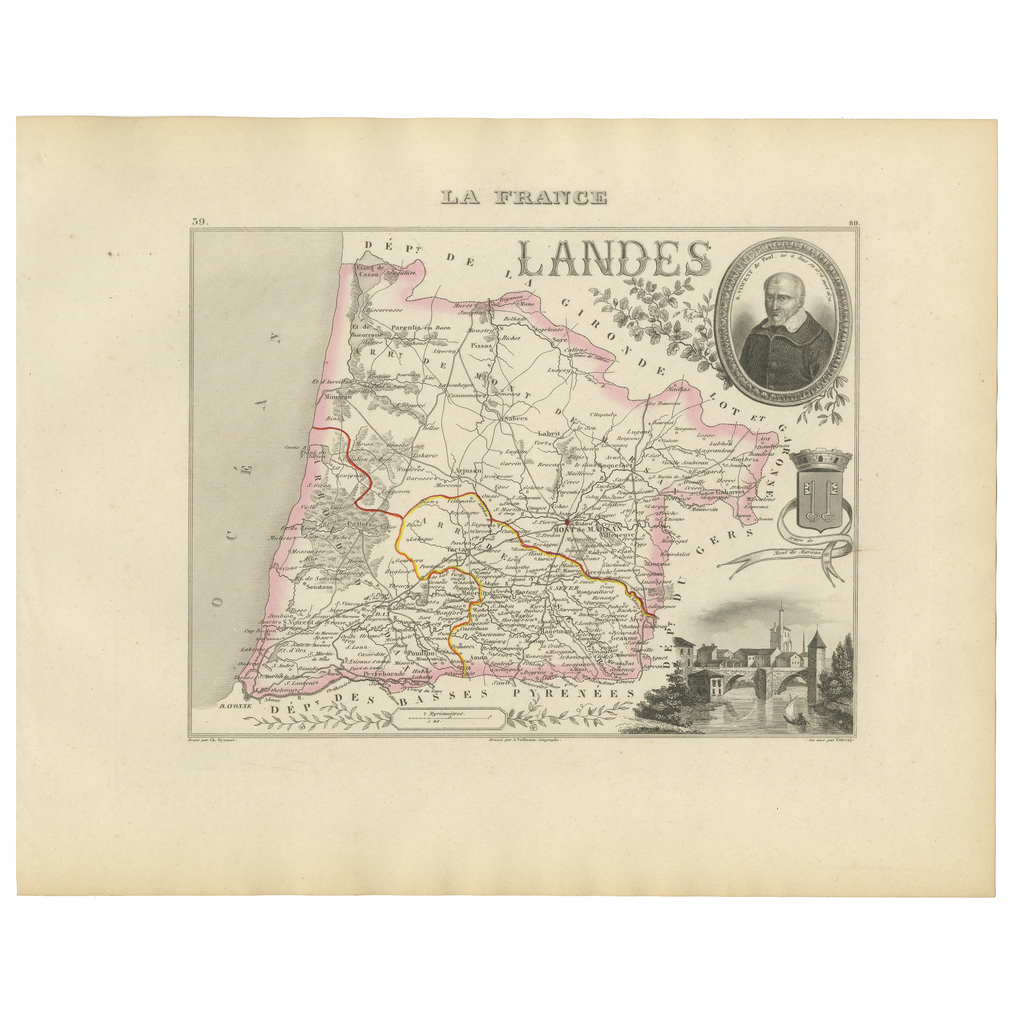 Antique French Map of Landes Region with Mont-de-Marsan, Dax, Bayonne, 1800s