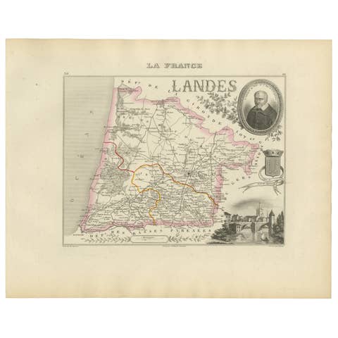 Antique French Map of Landes Region with Mont-de-Marsan, Dax, Bayonne, 1800s