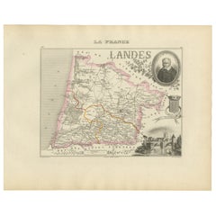 Antique French Map of Landes Region with Mont-de-Marsan, Dax, Bayonne, 1800s