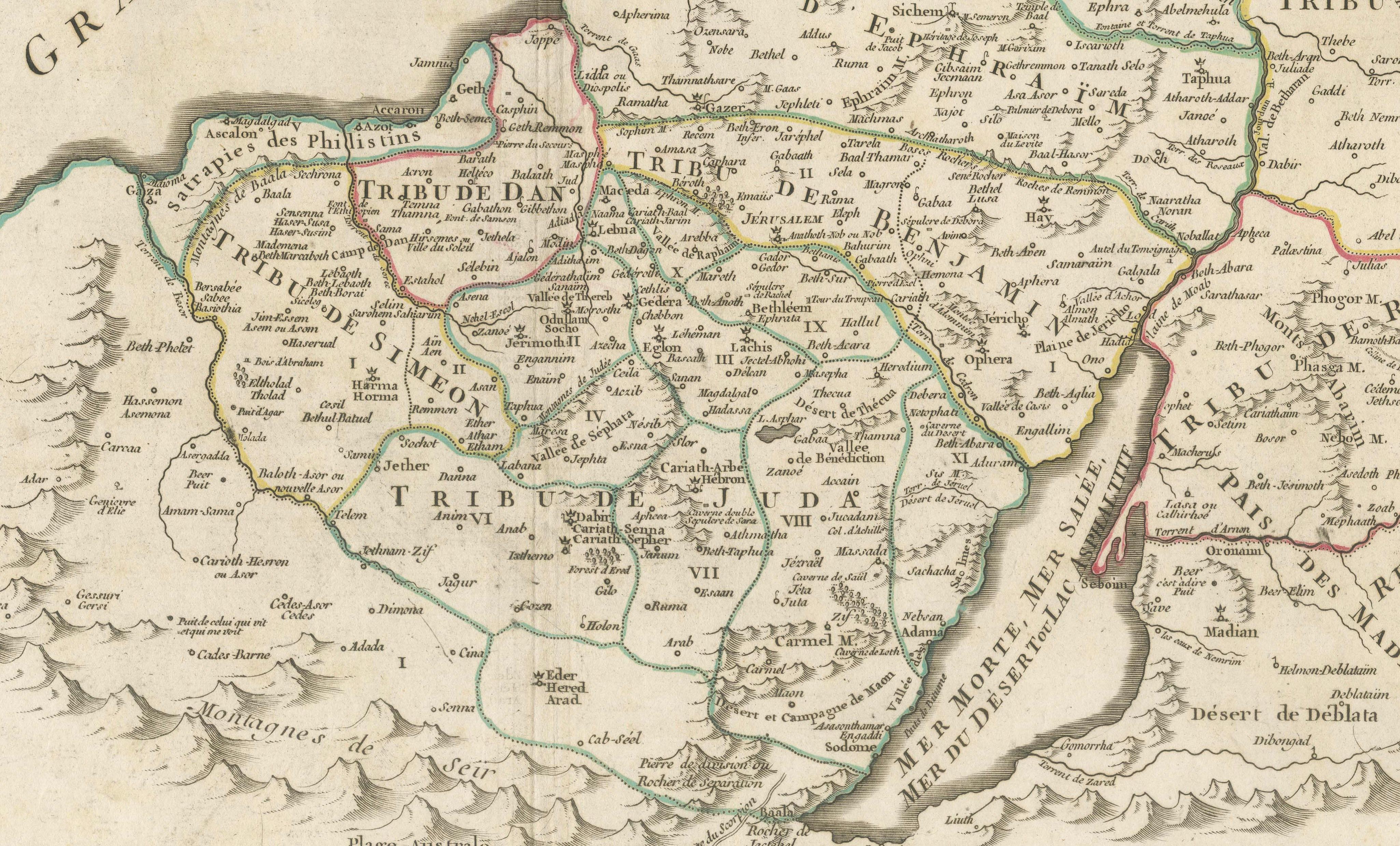 Antique French Map of the Holy Land, Twelve Tribes of Israel, c.1750