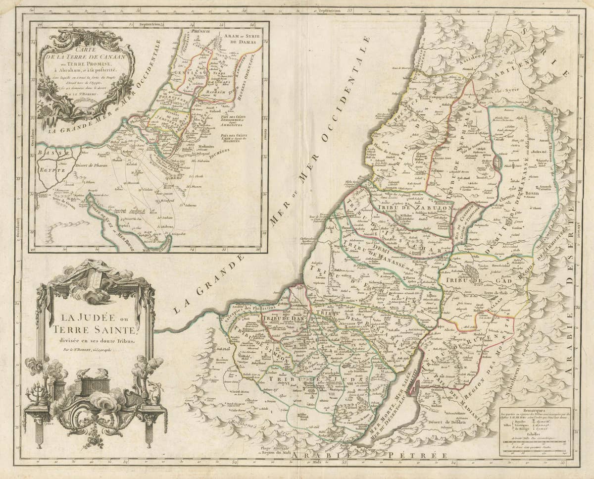 Antique French Map of the Holy Land, Twelve Tribes of Israel, c.1750