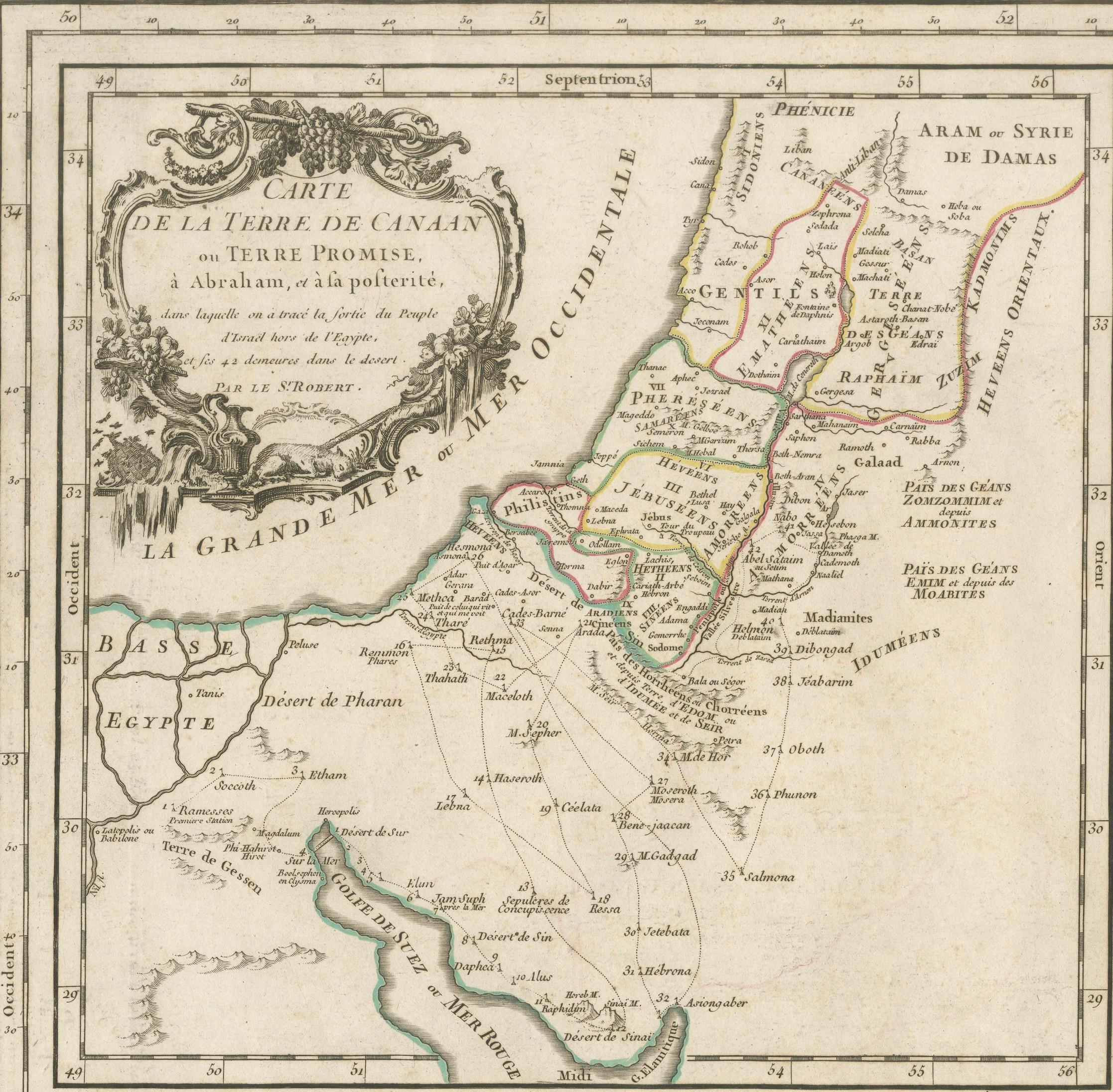 Antique French Map of the Holy Land, Twelve Tribes of Israel, c.1750