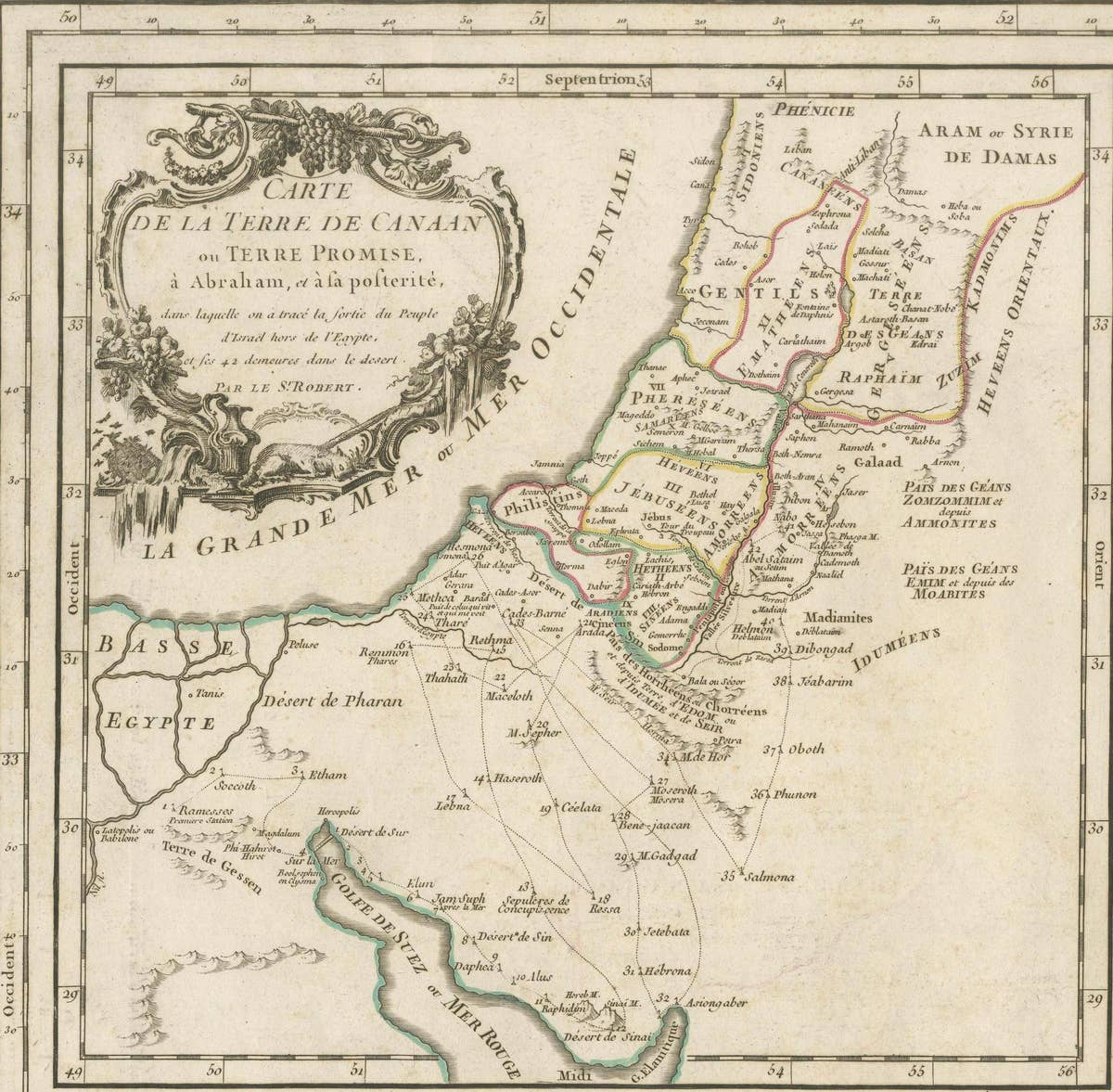 Antique French Map of the Holy Land, Twelve Tribes of Israel, c.1750